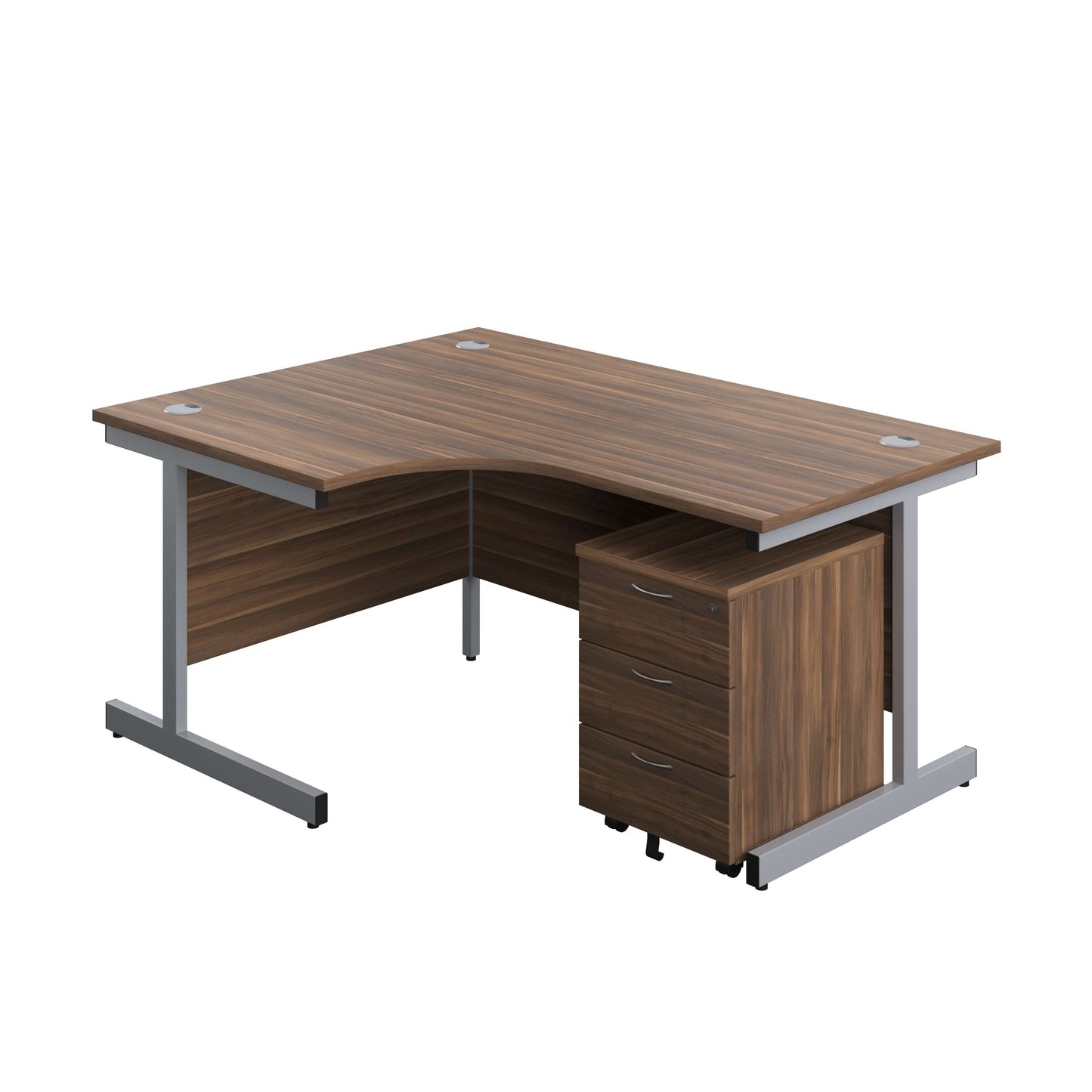 Single Upright Left Hand Radial Desk + Mobile 3 Drawer Pedestal (FSC) | 1600 X 1200 | Dark Walnut/Silver