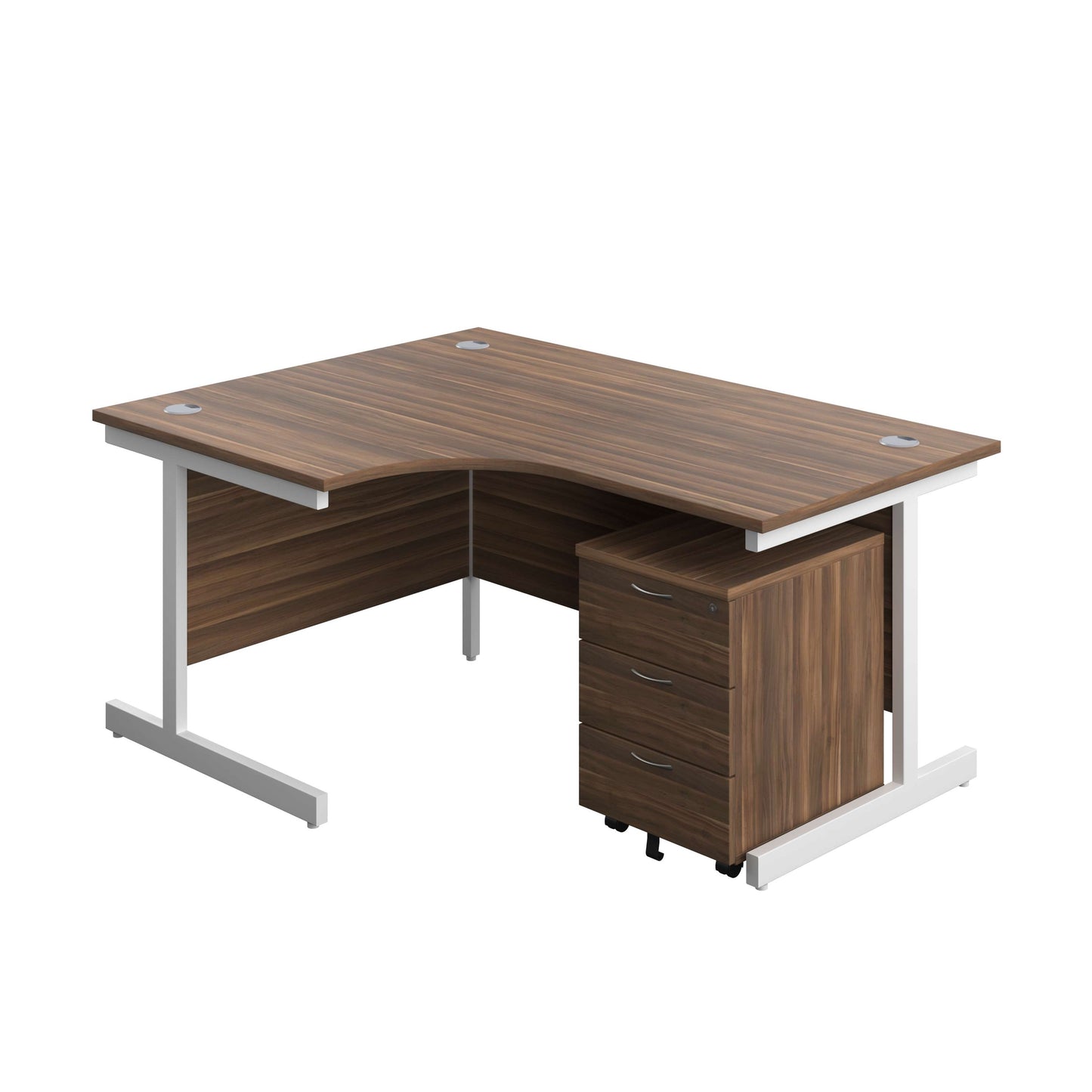 Single Upright Left Hand Radial Desk + Mobile 3 Drawer Pedestal (FSC) | 1600 X 1200 | Dark Walnut/White