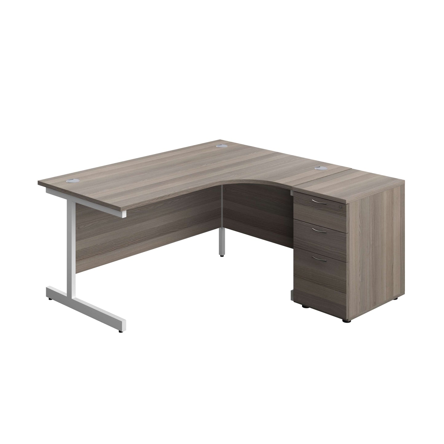 Single Upright Right Hand Radial Desk + Desk High 3 Drawer Pedestal (FSC) | 1600 X 1200 | 600mm Deep Pedestal | Grey Oak/White