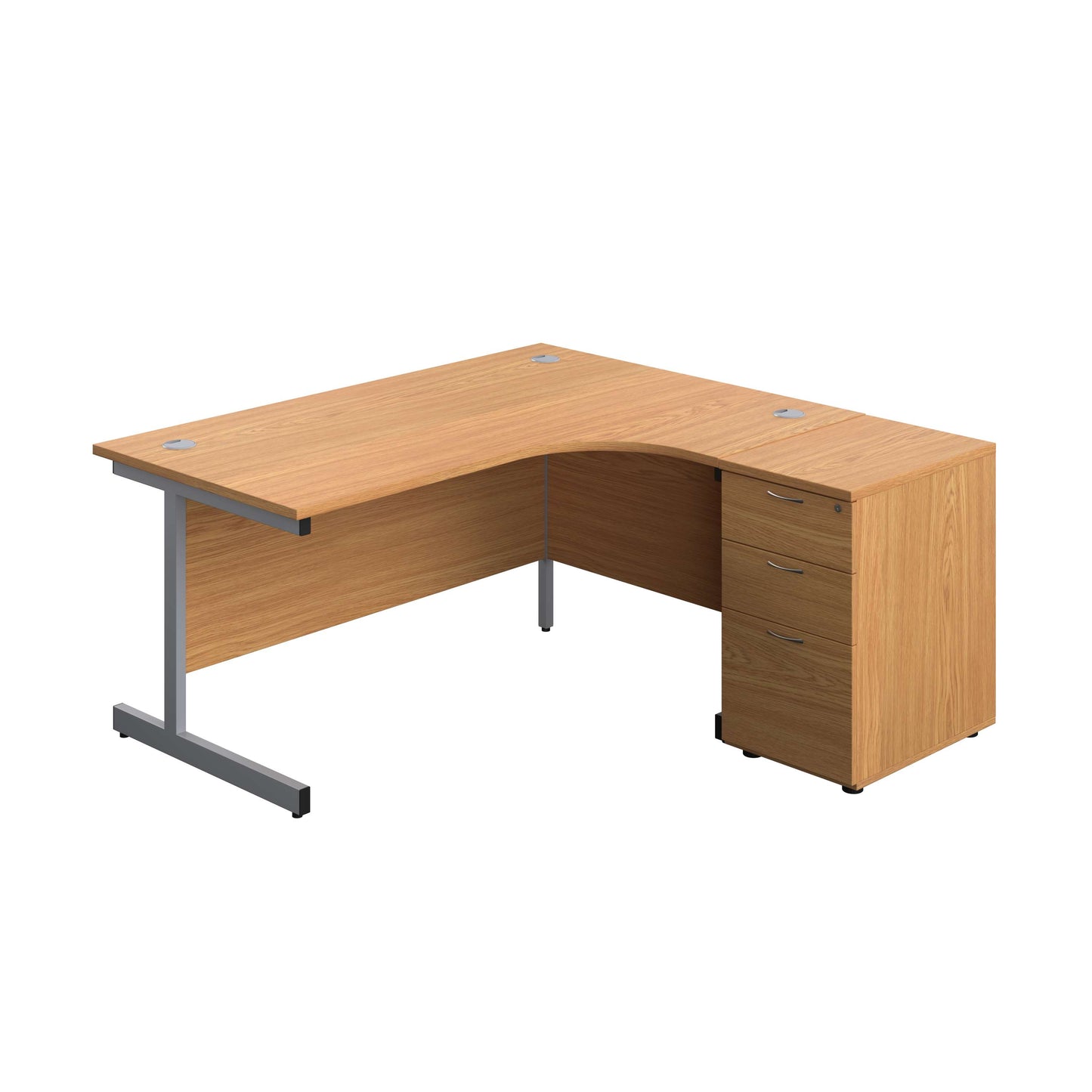 Single Upright Right Hand Radial Desk + Desk High 3 Drawer Pedestal (FSC) | 1600 X 1200 | 600mm Deep Pedestal | Nova Oak/Silver