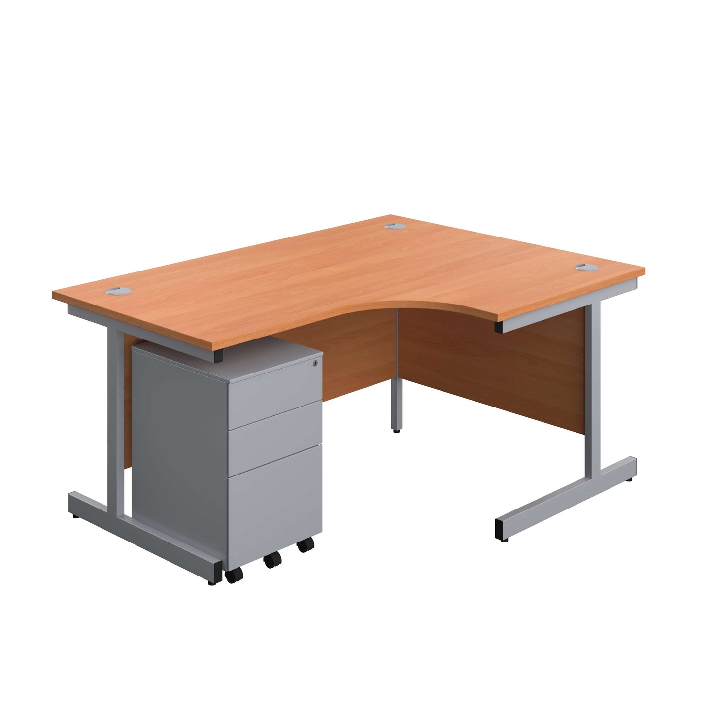 Single Upright Right Hand Radial Desk + Under Desk Steel Pedestal 3 Drawers (FSC) | 1600 X 1200 | Beech/Silver