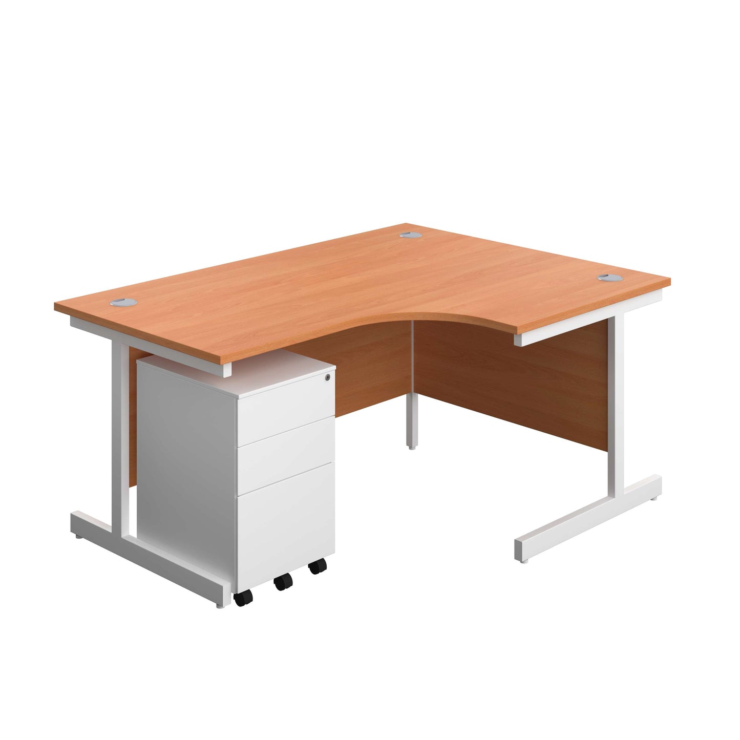 Single Upright Right Hand Radial Desk + Under Desk Steel Pedestal 3 Drawers (FSC) | 1600 X 1200 | Beech/White