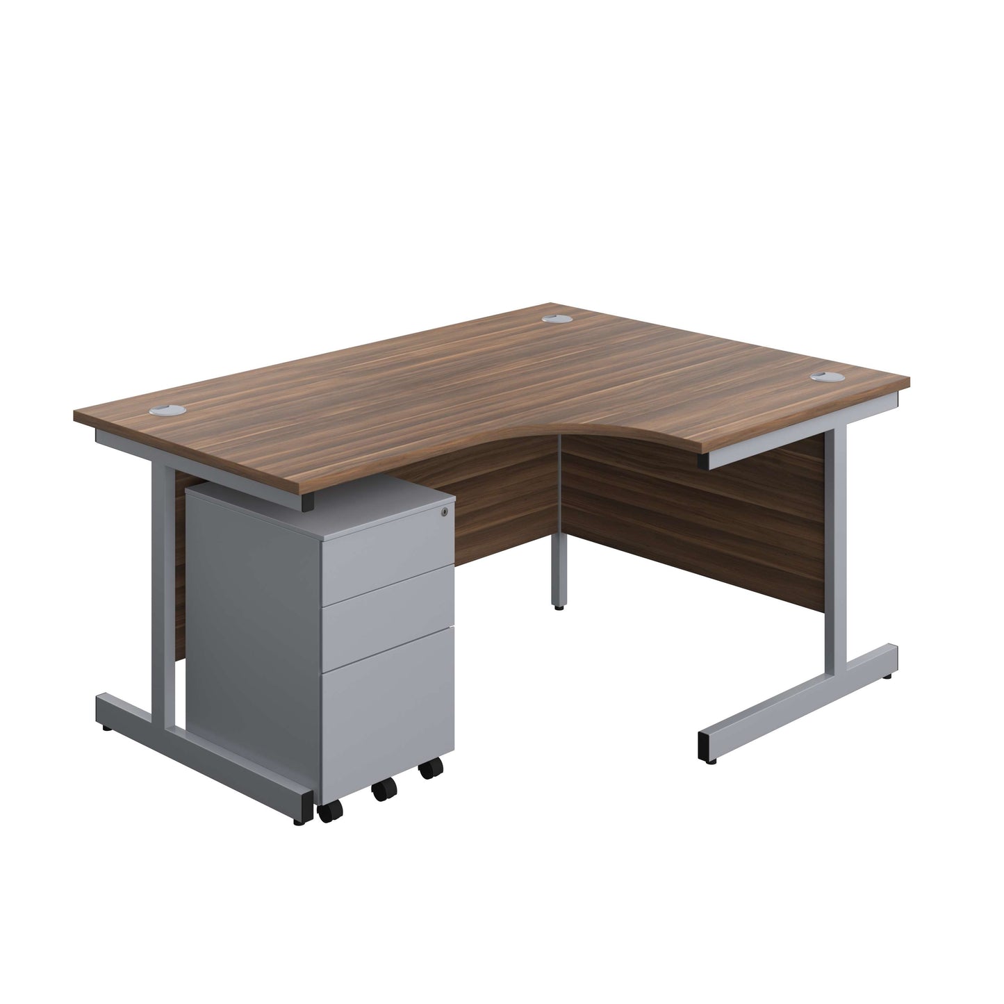 Single Upright Right Hand Radial Desk + Under Desk Steel Pedestal 3 Drawers (FSC) | 1600 X 1200 | Dark Walnut/Silver