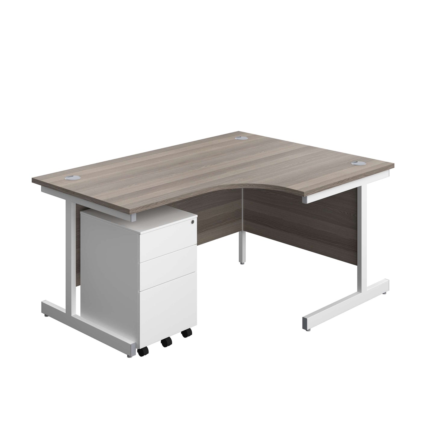 Single Upright Right Hand Radial Desk + Under Desk Steel Pedestal 3 Drawers (FSC) | 1600 X 1200 | Grey Oak/White