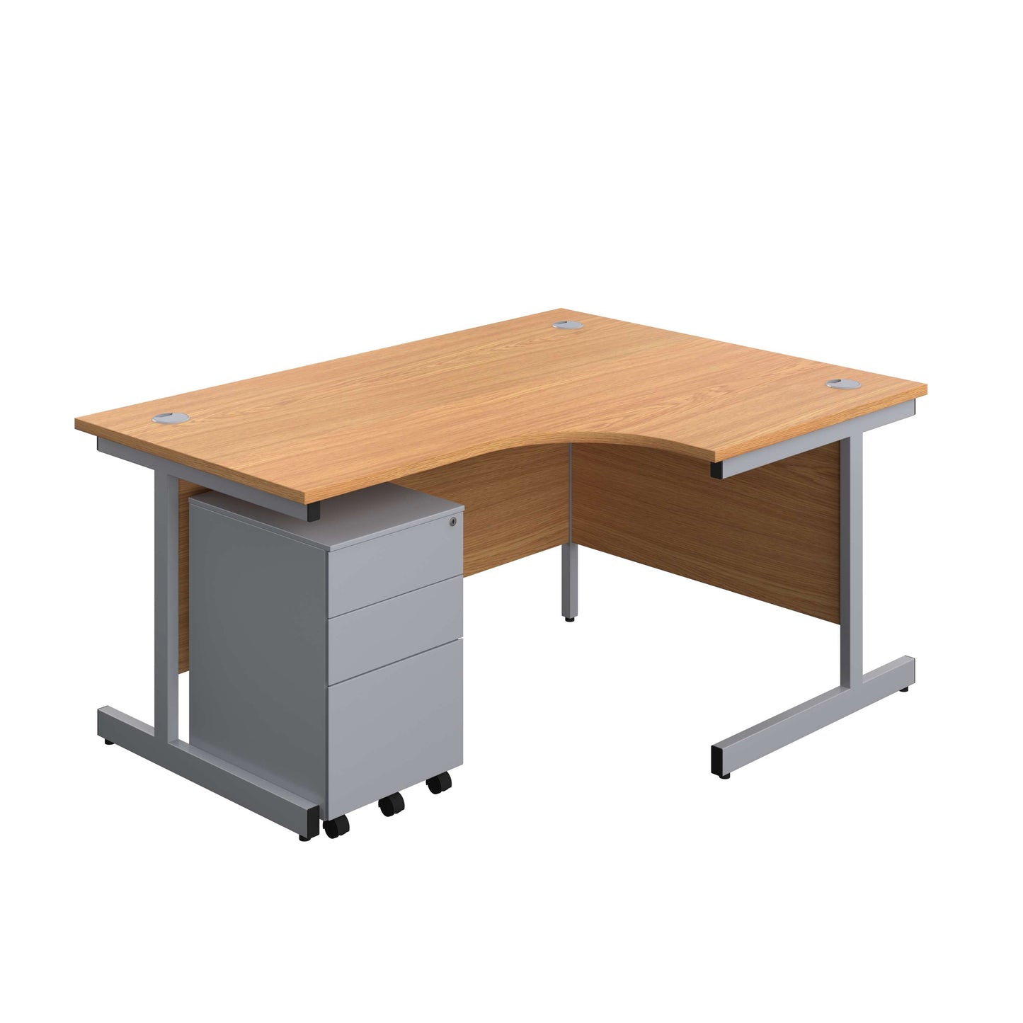 Single Upright Right Hand Radial Desk + Under Desk Steel Pedestal 3 Drawers (FSC) | 1600 X 1200 | Nova Oak/Silver