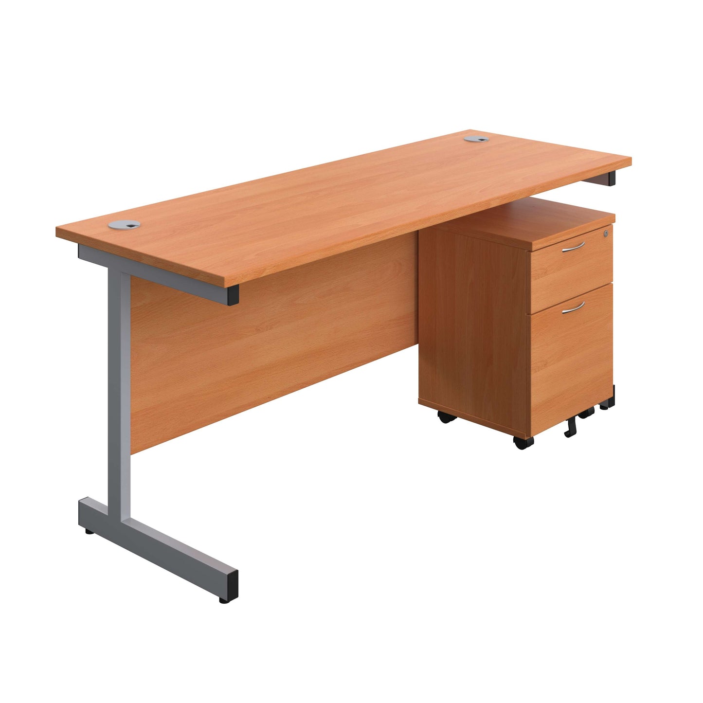 Single Upright Rectangular Desk + Mobile 2 Drawer Pedestal (FSC) | 1600 X 600 | Beech/Silver