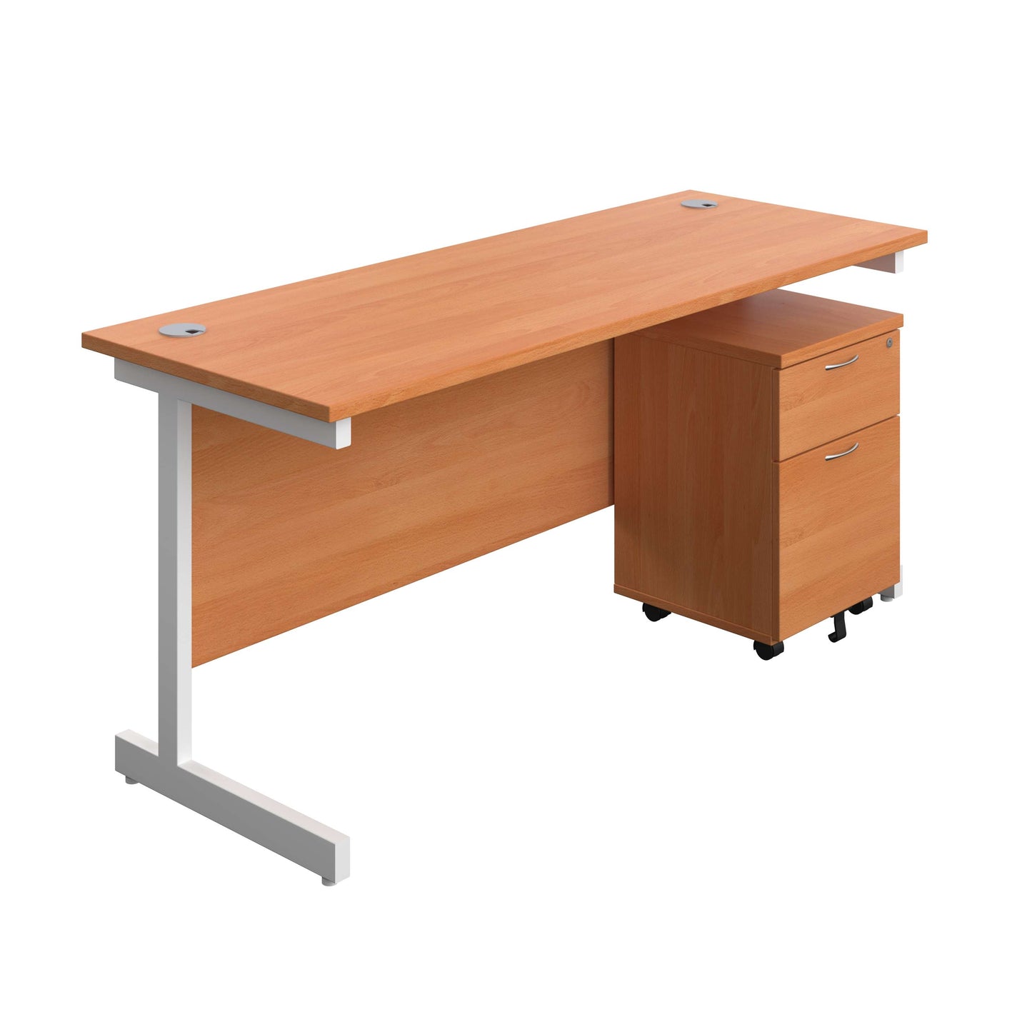 Single Upright Rectangular Desk + Mobile 2 Drawer Pedestal (FSC) | 1600 X 600 | Beech/White