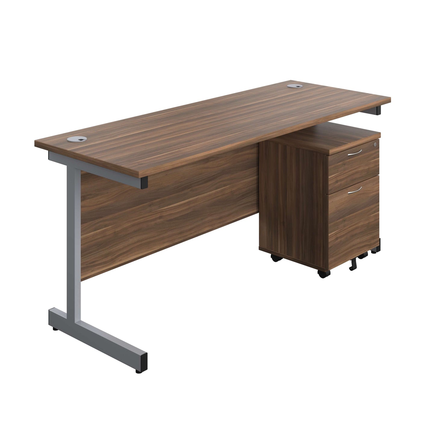 Single Upright Rectangular Desk + Mobile 2 Drawer Pedestal (FSC) | 1600 X 600 | Dark Walnut/Silver