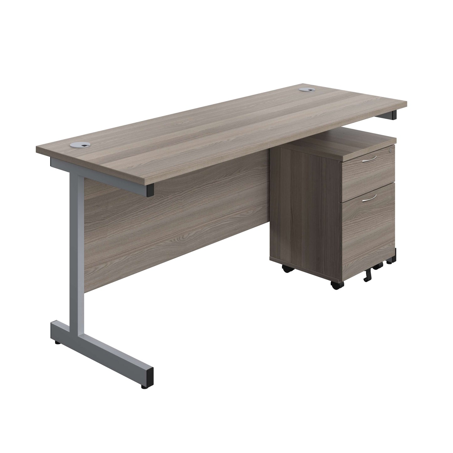 Single Upright Rectangular Desk + Mobile 2 Drawer Pedestal (FSC) | 1600 X 600 | Grey Oak/Silver