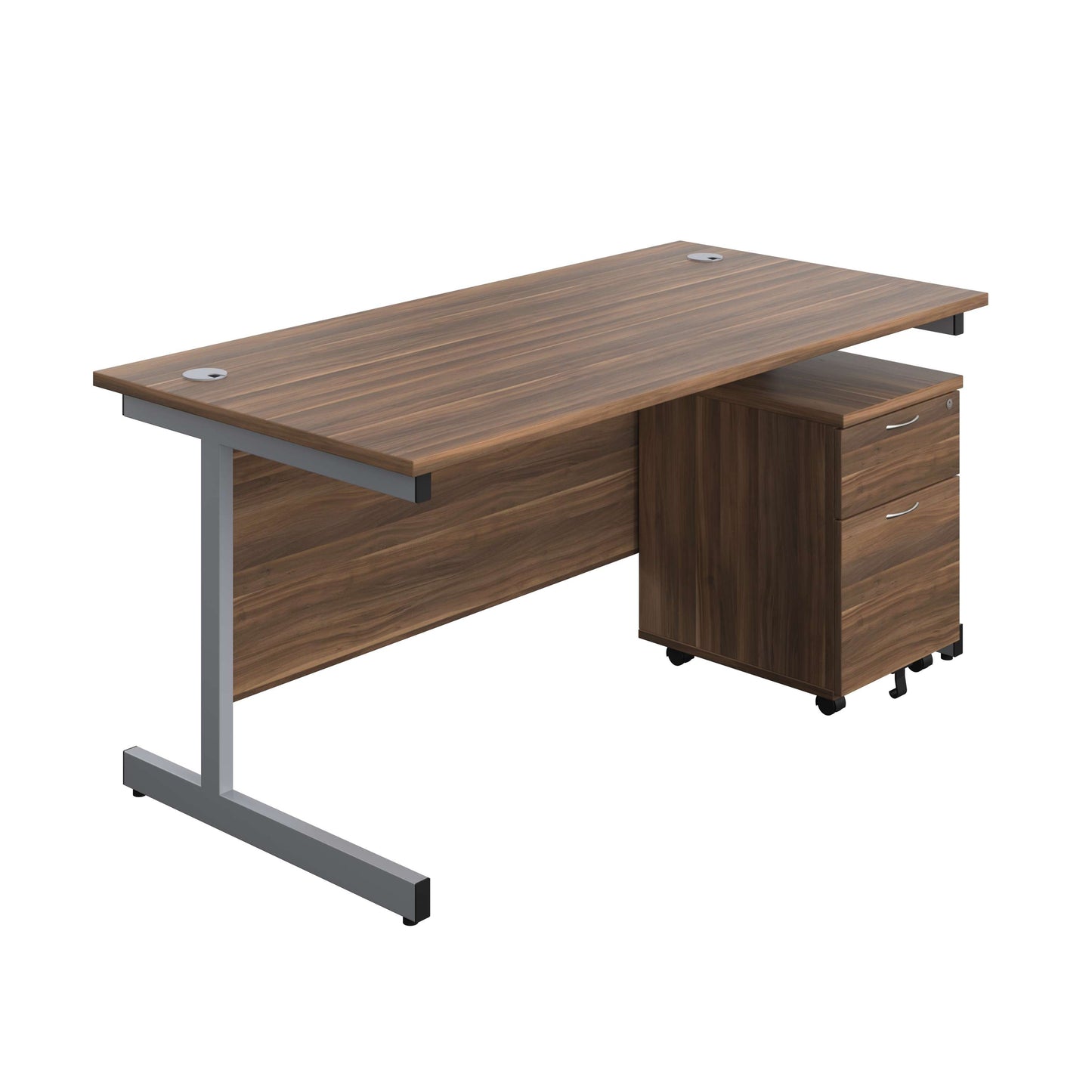 Single Upright Rectangular Desk + Mobile 2 Drawer Pedestal (FSC) | 1600 X 800 | Dark Walnut/Silver