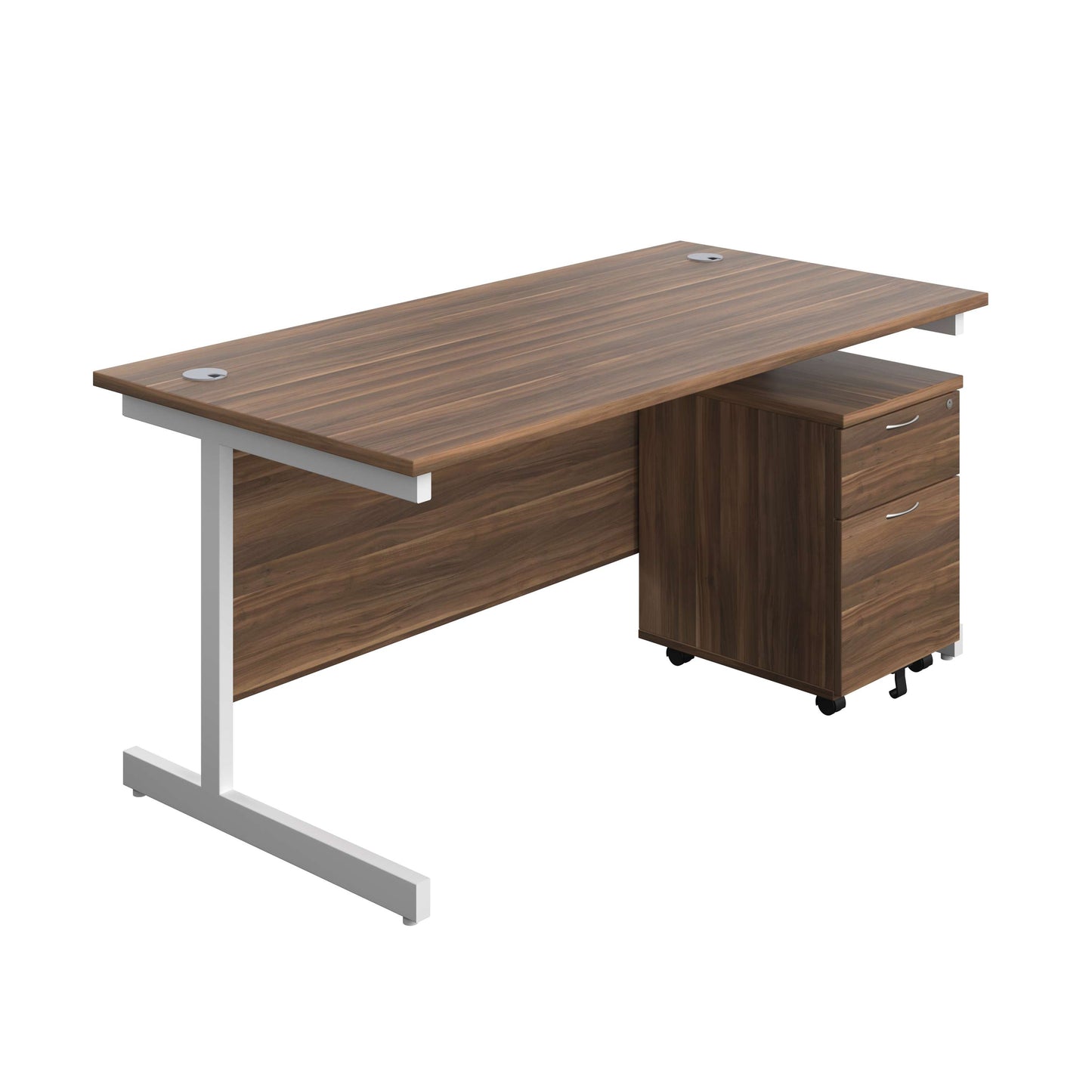 Single Upright Rectangular Desk + Mobile 2 Drawer Pedestal (FSC) | 1600 X 800 | Dark Walnut/White