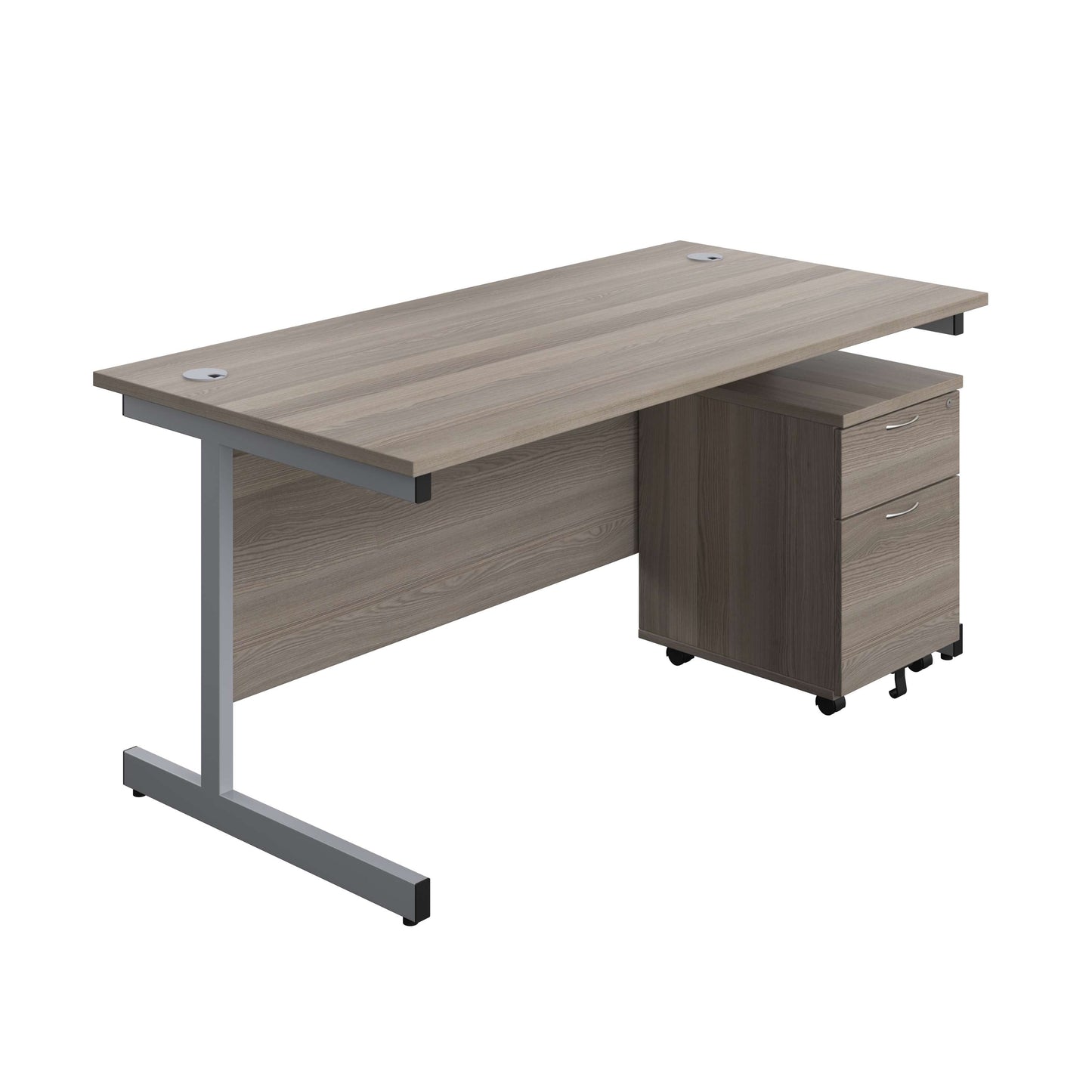 Single Upright Rectangular Desk + Mobile 2 Drawer Pedestal (FSC) | 1600 X 800 | Grey Oak/Silver