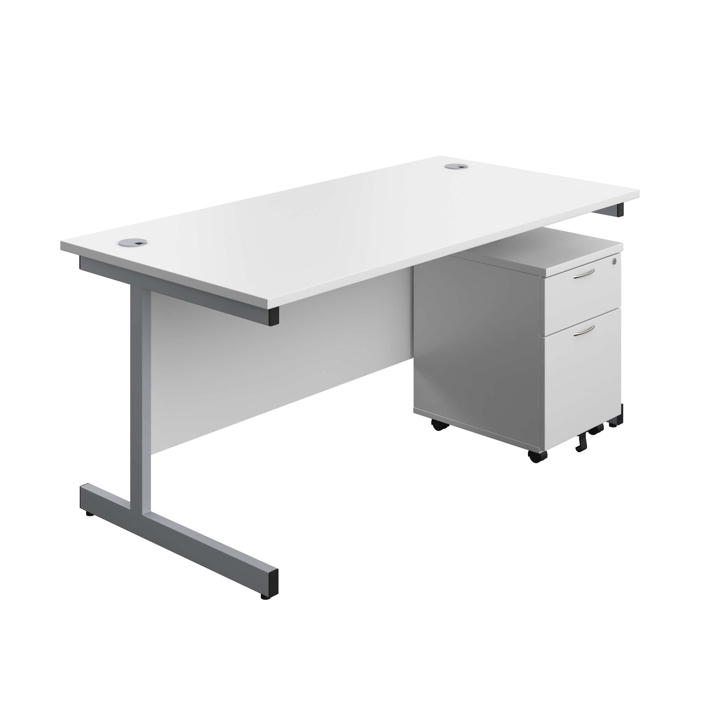 Single Upright Rectangular Desk + Mobile 2 Drawer Pedestal (FSC) | 1600 X 800 | White/Silver