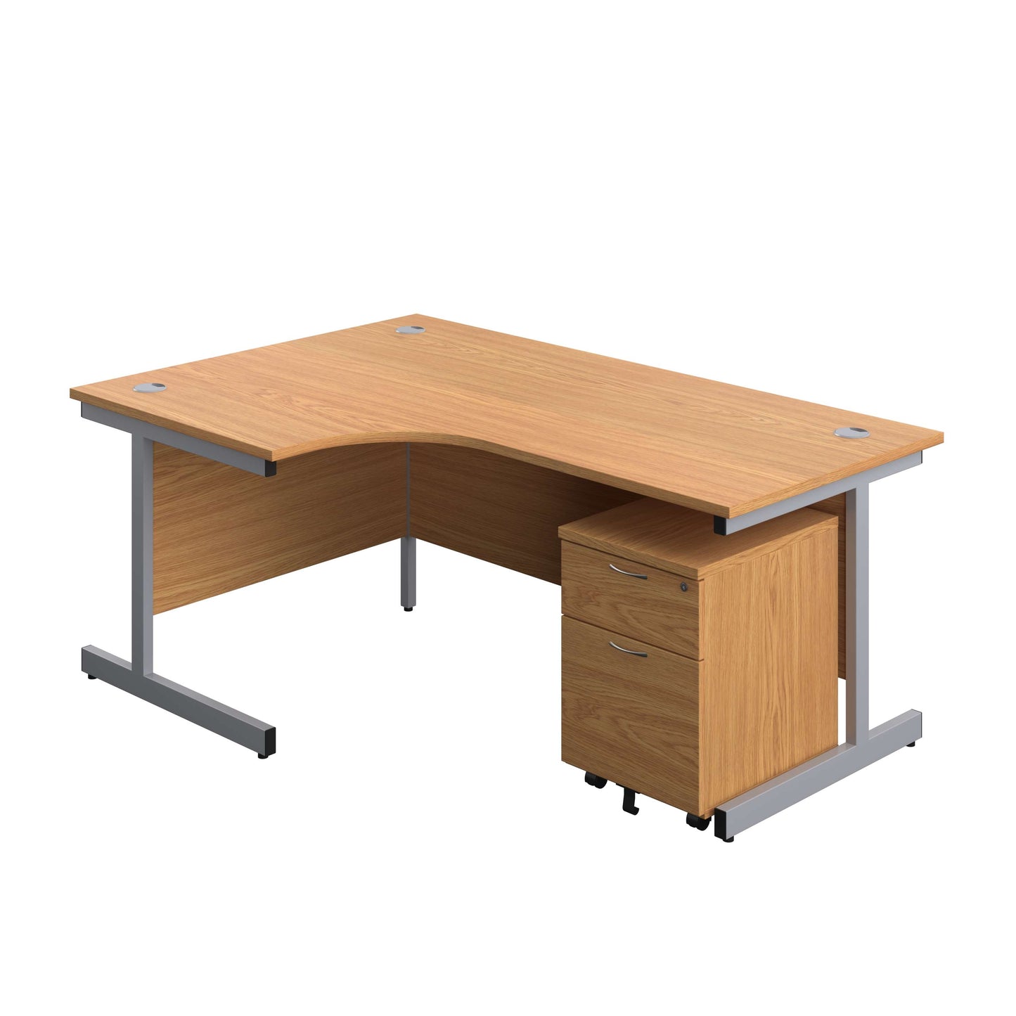 Single Upright Left Hand Radial Desk + Mobile 2 Drawer Pedestal (FSC) | 1800 X 1200 | Nova Oak/Silver