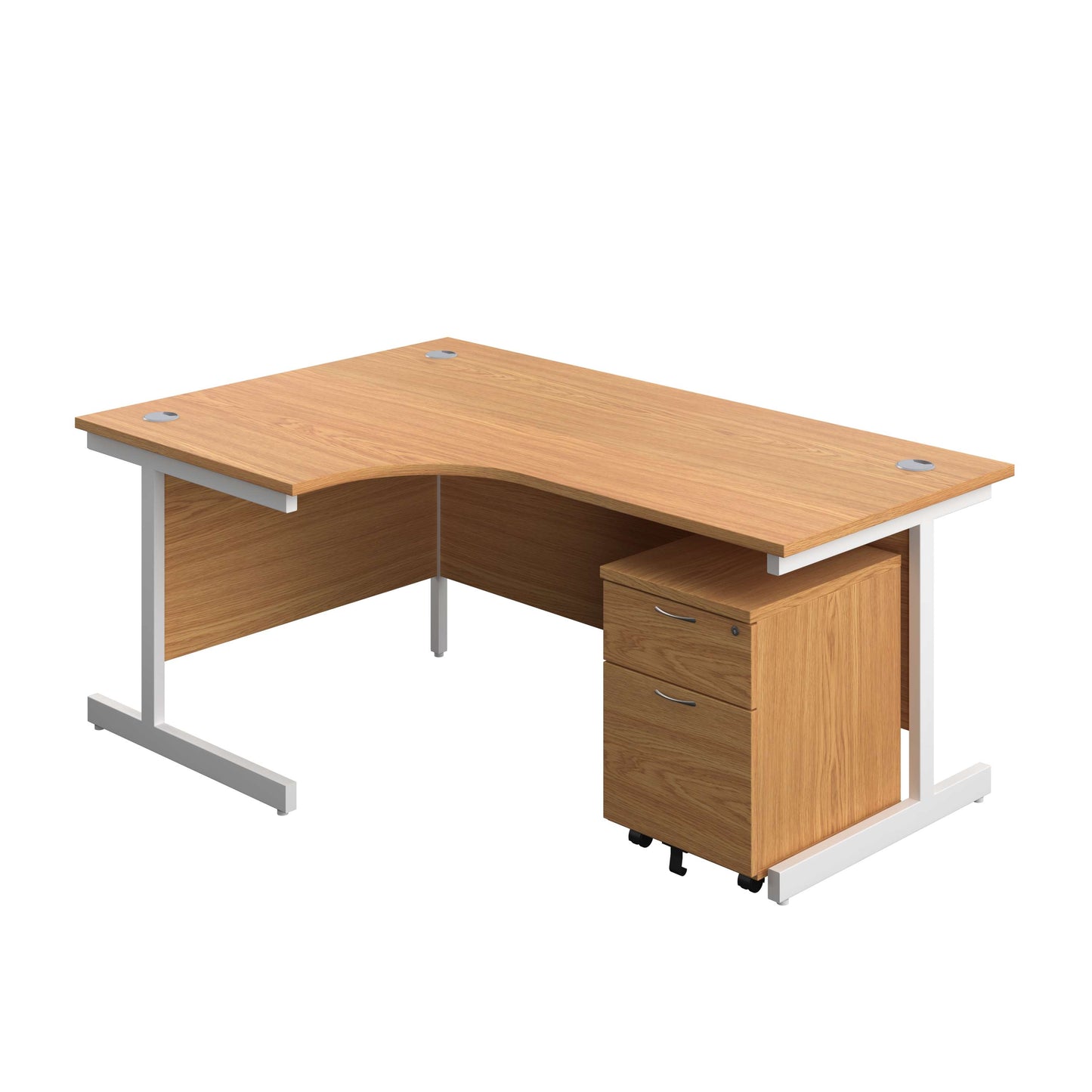 Single Upright Left Hand Radial Desk + Mobile 2 Drawer Pedestal (FSC) | 1800 X 1200 | Nova Oak/White