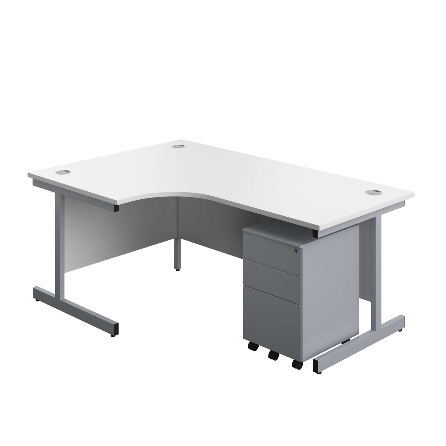 Single Upright Left Hand Radial Desk + Under Desk Steel Pedestal 3 Drawers (FSC) | 1800 X 1200 | White/Silver