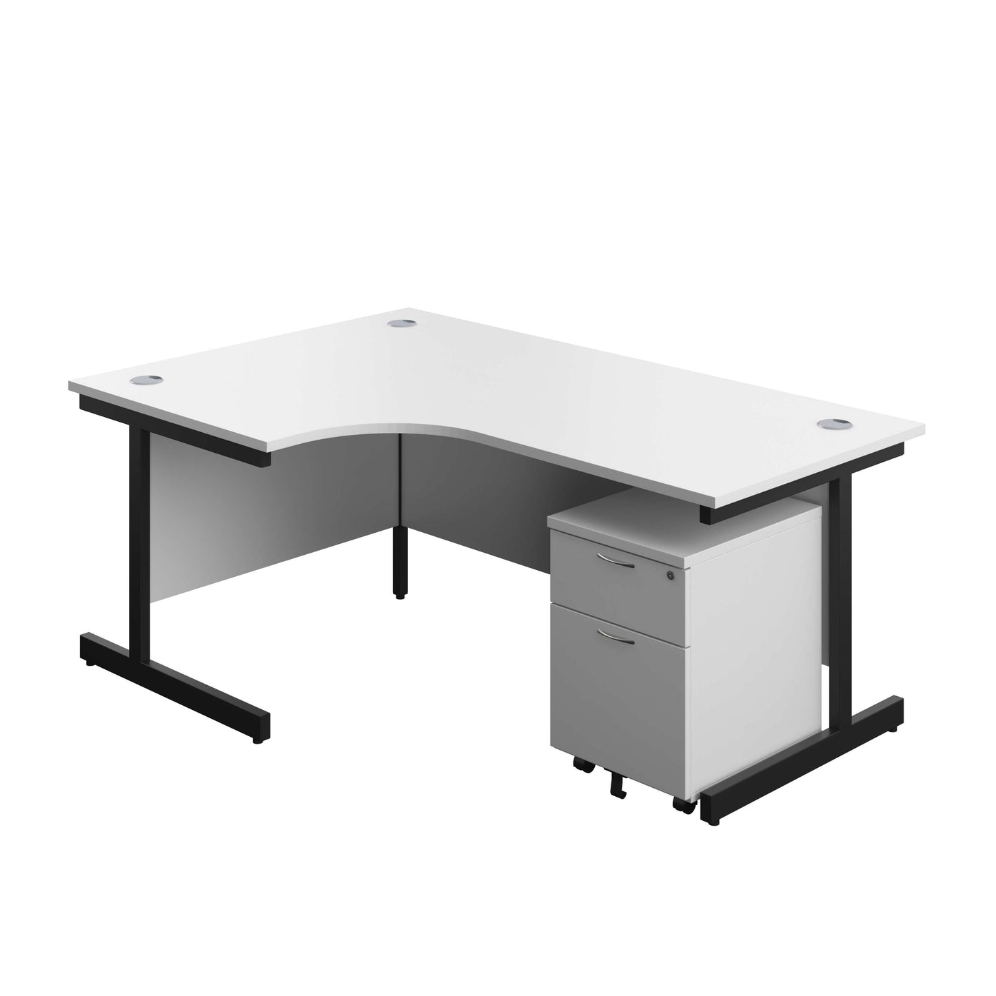 Single Upright Left Hand Radial Desk + Mobile 2 Drawer Pedestal (FSC) | 1800 X 1200 | White/Black