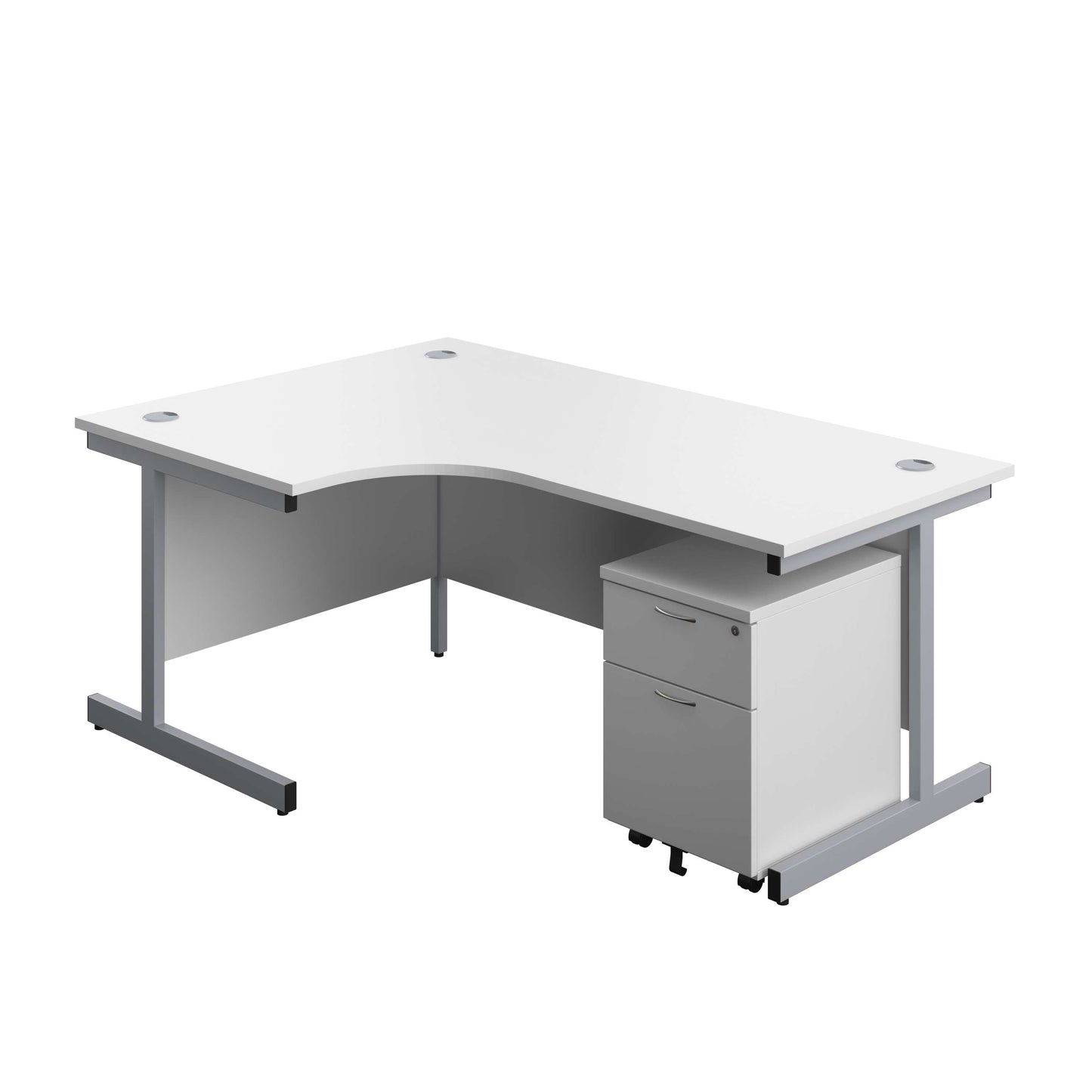 Single Upright Left Hand Radial Desk + Mobile 2 Drawer Pedestal (FSC) | 1800 X 1200 | White/Silver