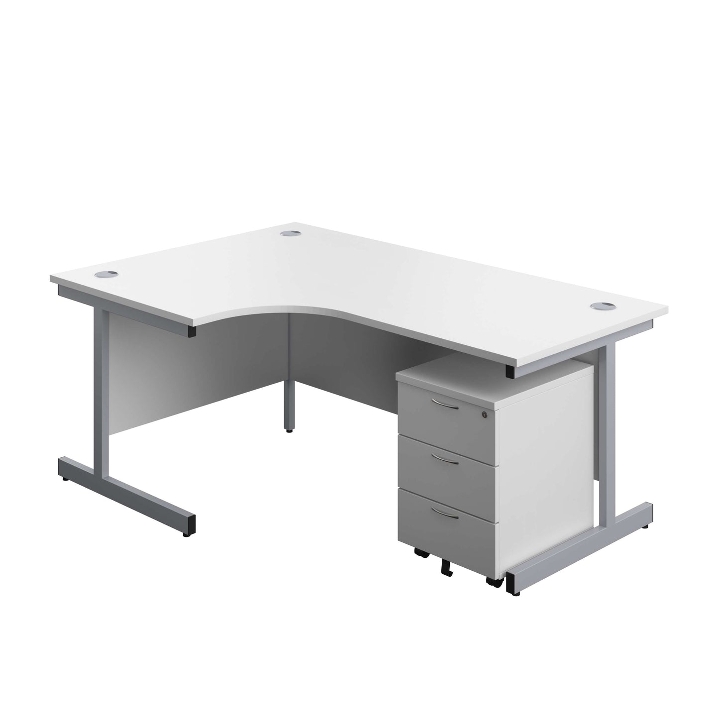 Single Upright Left Hand Radial Desk + Mobile 3 Drawer Pedestal (FSC) | 1800 X 1200 | White/Silver