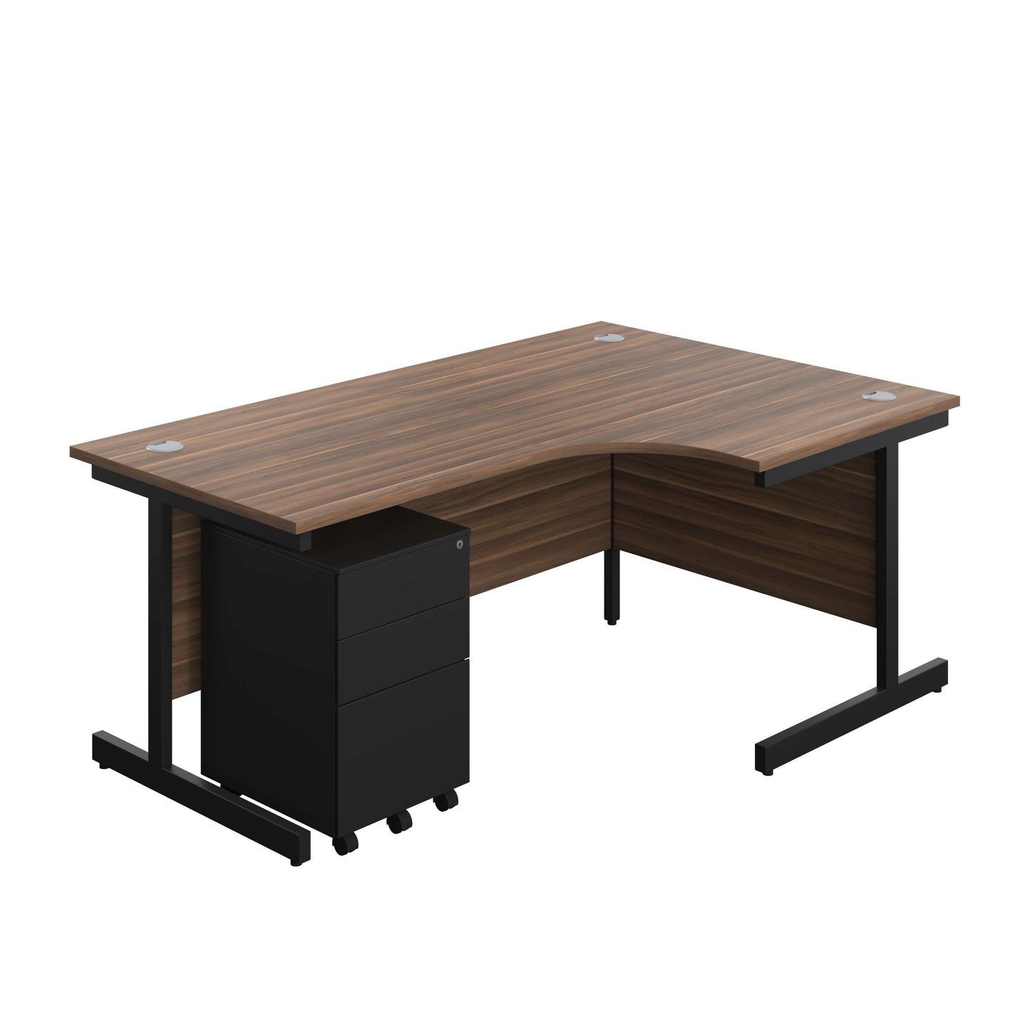 Single Upright Right Hand Radial Desk + Under Desk Steel Pedestal 3 Drawers (FSC) | 1800 X 1200 | Dark Walnut/Black