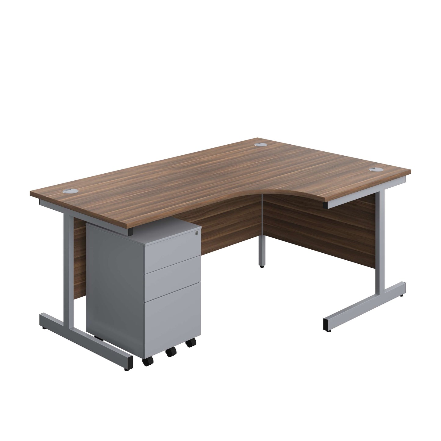 Single Upright Right Hand Radial Desk + Under Desk Steel Pedestal 3 Drawers (FSC) | 1800 X 1200 | Dark Walnut/Silver