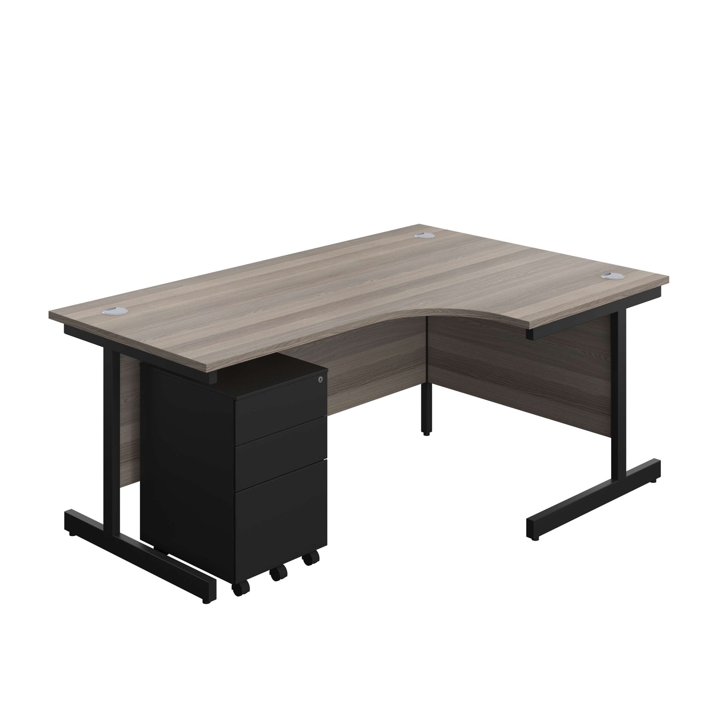 Single Upright Right Hand Radial Desk + Under Desk Steel Pedestal 3 Drawers (FSC) | 1800 X 1200 | Grey Oak/Black