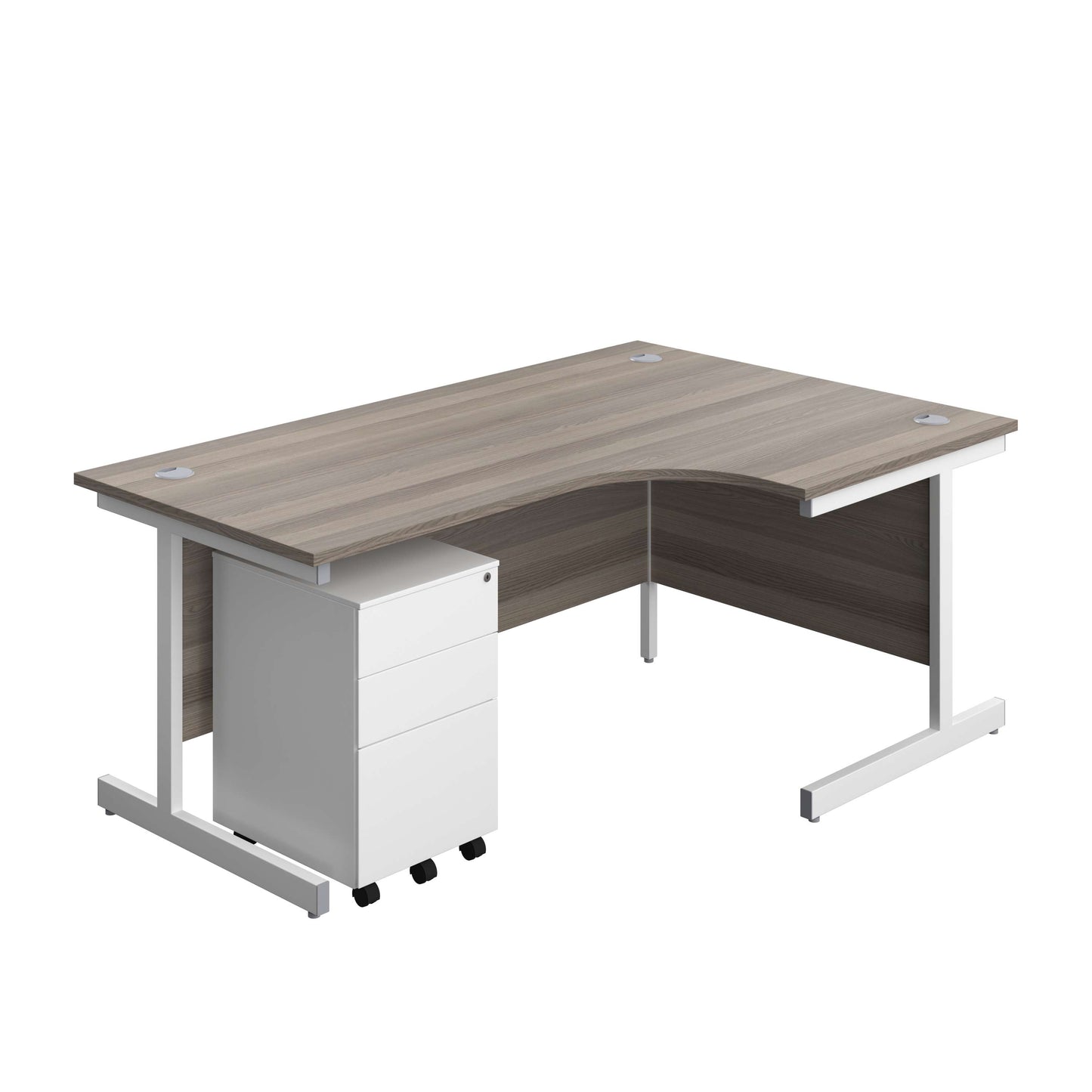 Single Upright Right Hand Radial Desk + Under Desk Steel Pedestal 3 Drawers (FSC) | 1800 X 1200 | Grey Oak/White