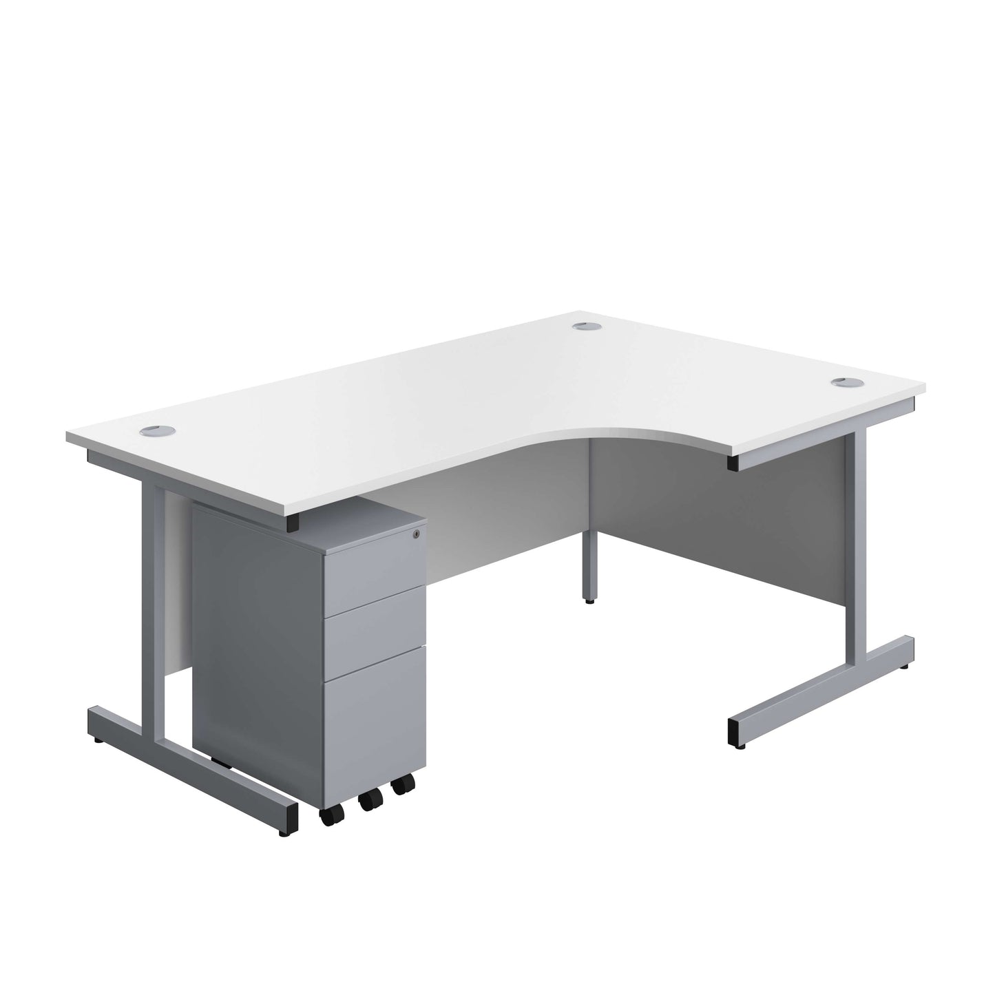 Single Upright Right Hand Radial Desk + Slimline Steel Pedestal 3 Drawers (FSC) | 1800 X 1200 | White/Silver