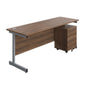 Single Upright Rectangular Desk + Mobile 2 Drawer Pedestal (FSC) | 1800 X 600 | Dark Walnut/Silver