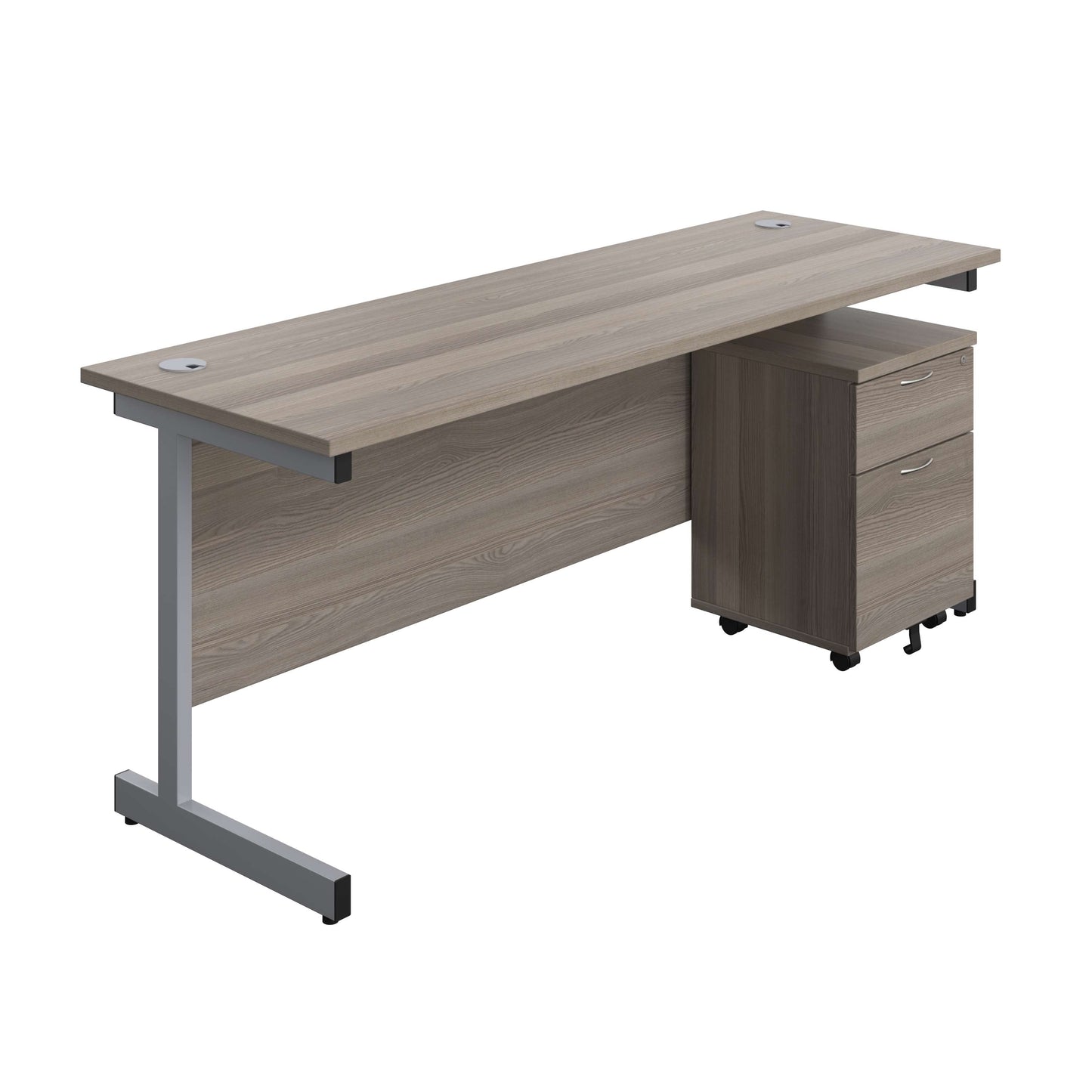 Single Upright Rectangular Desk + Mobile 2 Drawer Pedestal (FSC) | 1800 X 600 | Grey Oak/Silver