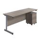 Single Upright Rectangular Desk + Mobile 2 Drawer Pedestal (FSC) | 1800 X 600 | Grey Oak/Silver