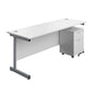 Single Upright Rectangular Desk + Mobile 2 Drawer Pedestal (FSC) | 1800 X 600 | White/Silver