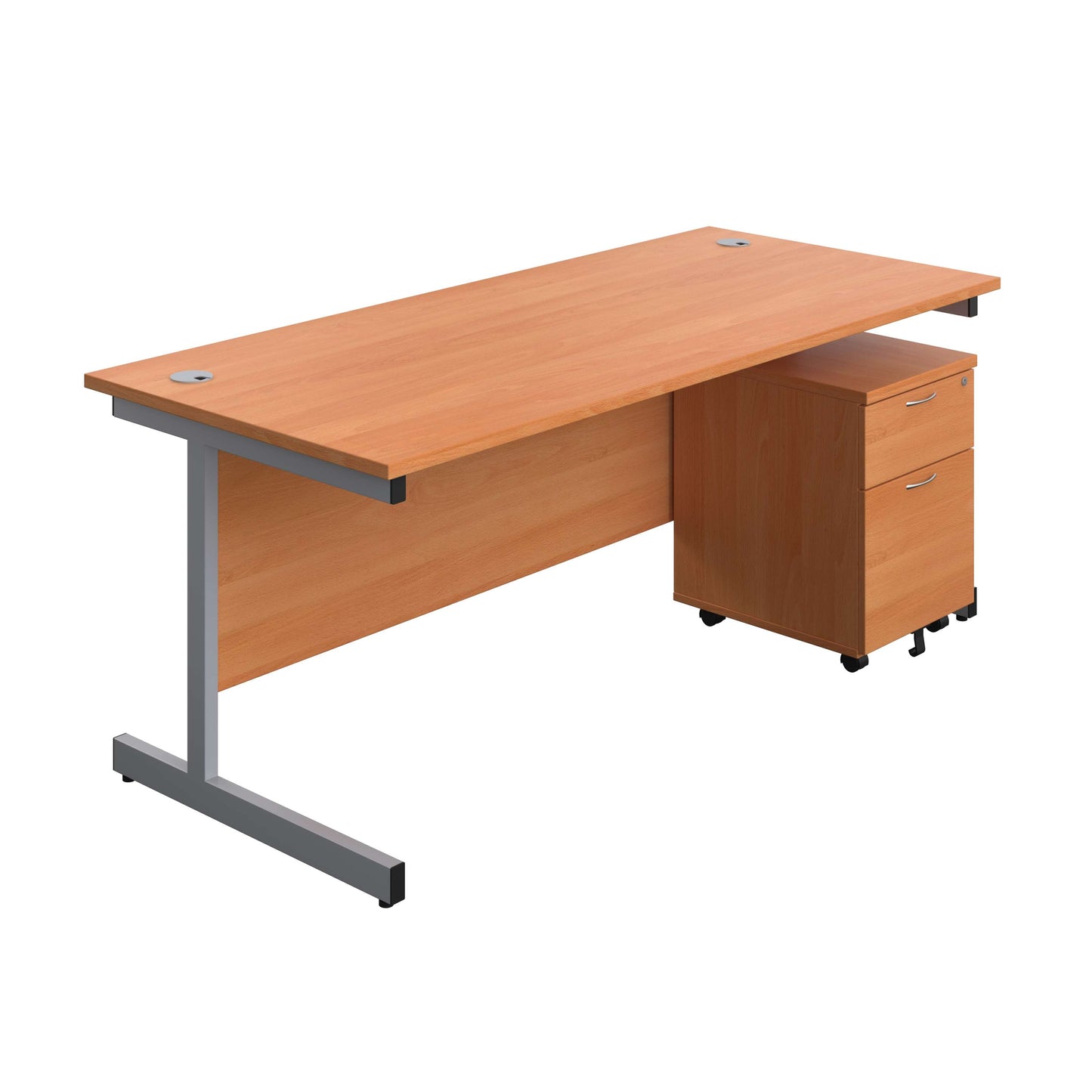 Single Upright Rectangular Desk + Mobile 2 Drawer Pedestal (FSC) | 1800 X 800 | Beech/Silver