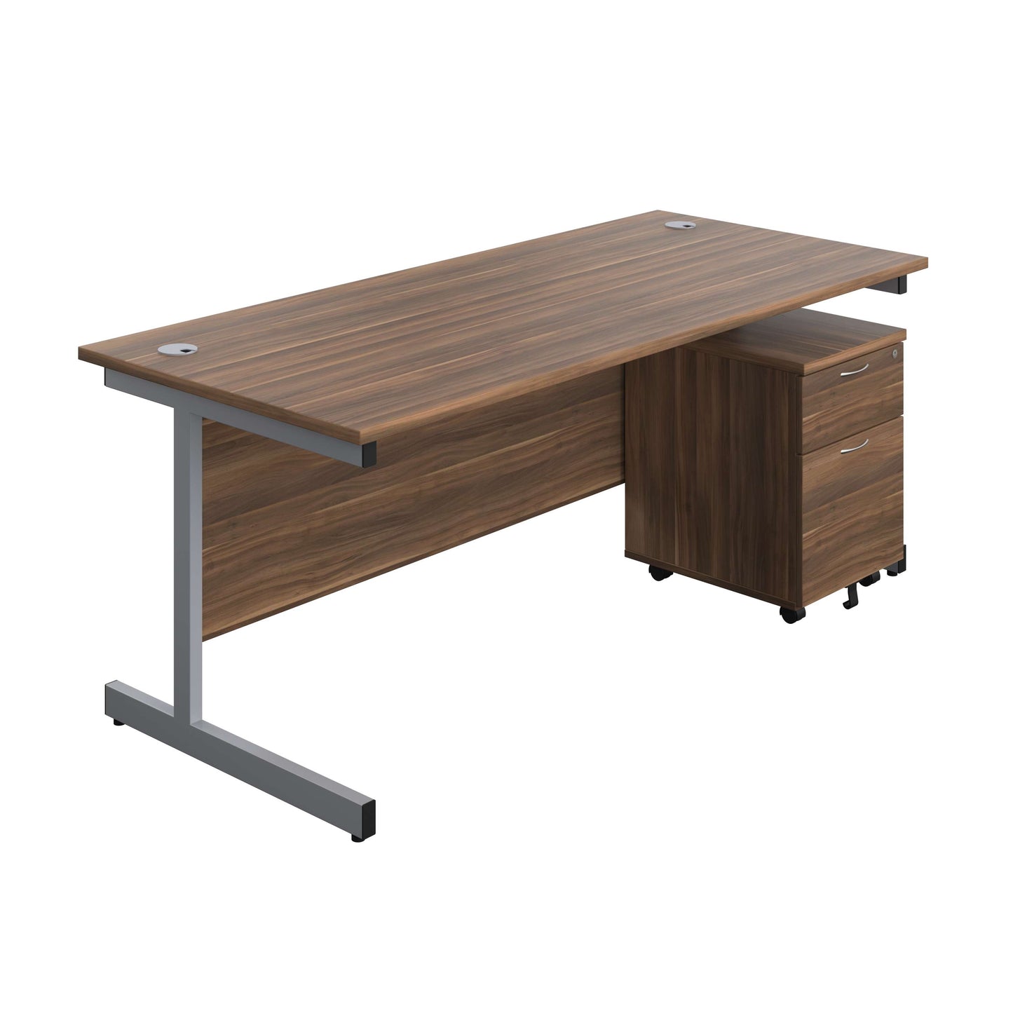 Single Upright Rectangular Desk + Mobile 2 Drawer Pedestal (FSC) | 1800 X 800 | Dark Walnut/Silver