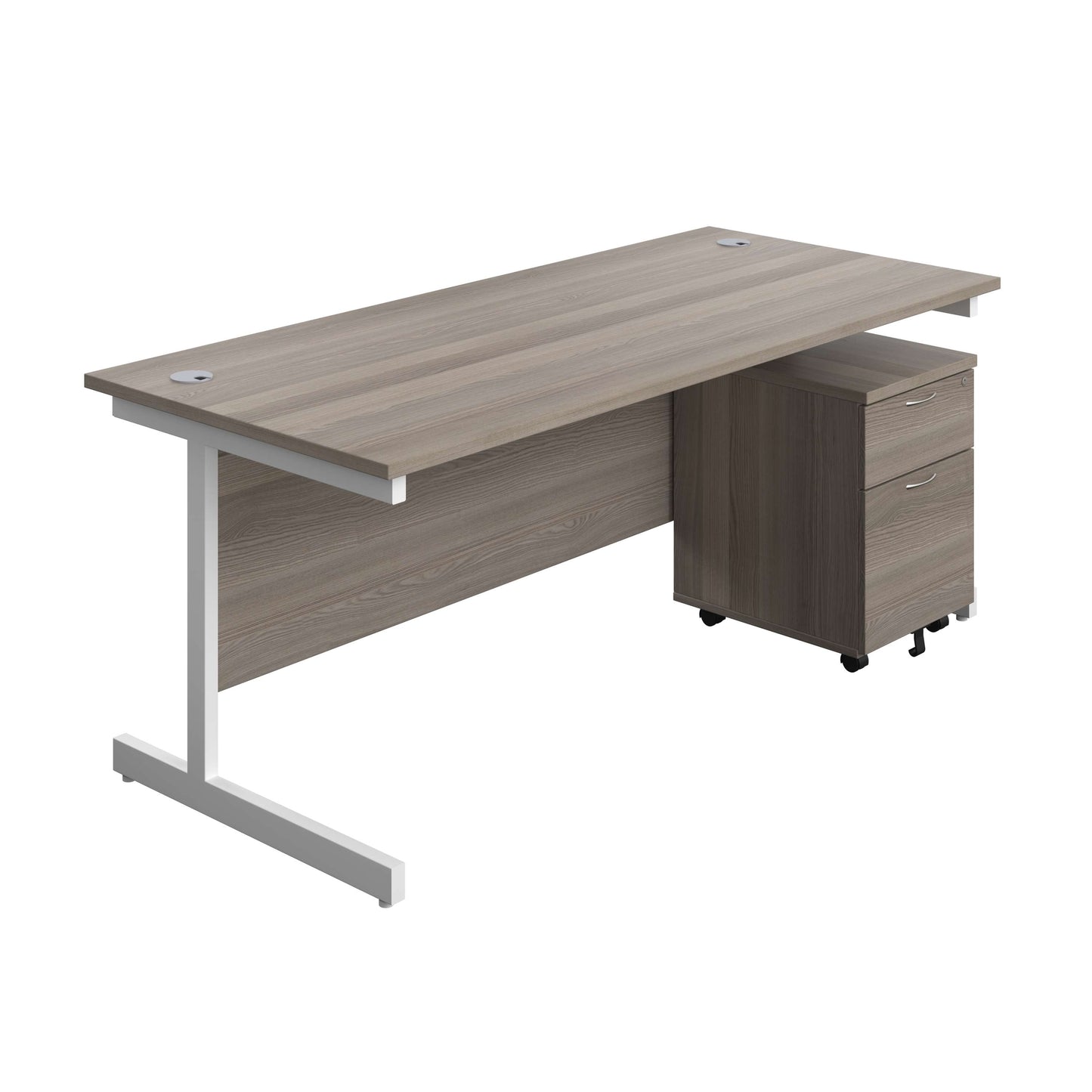 Single Upright Rectangular Desk + Mobile 2 Drawer Pedestal (FSC) | 1800 X 800 | Grey Oak/White