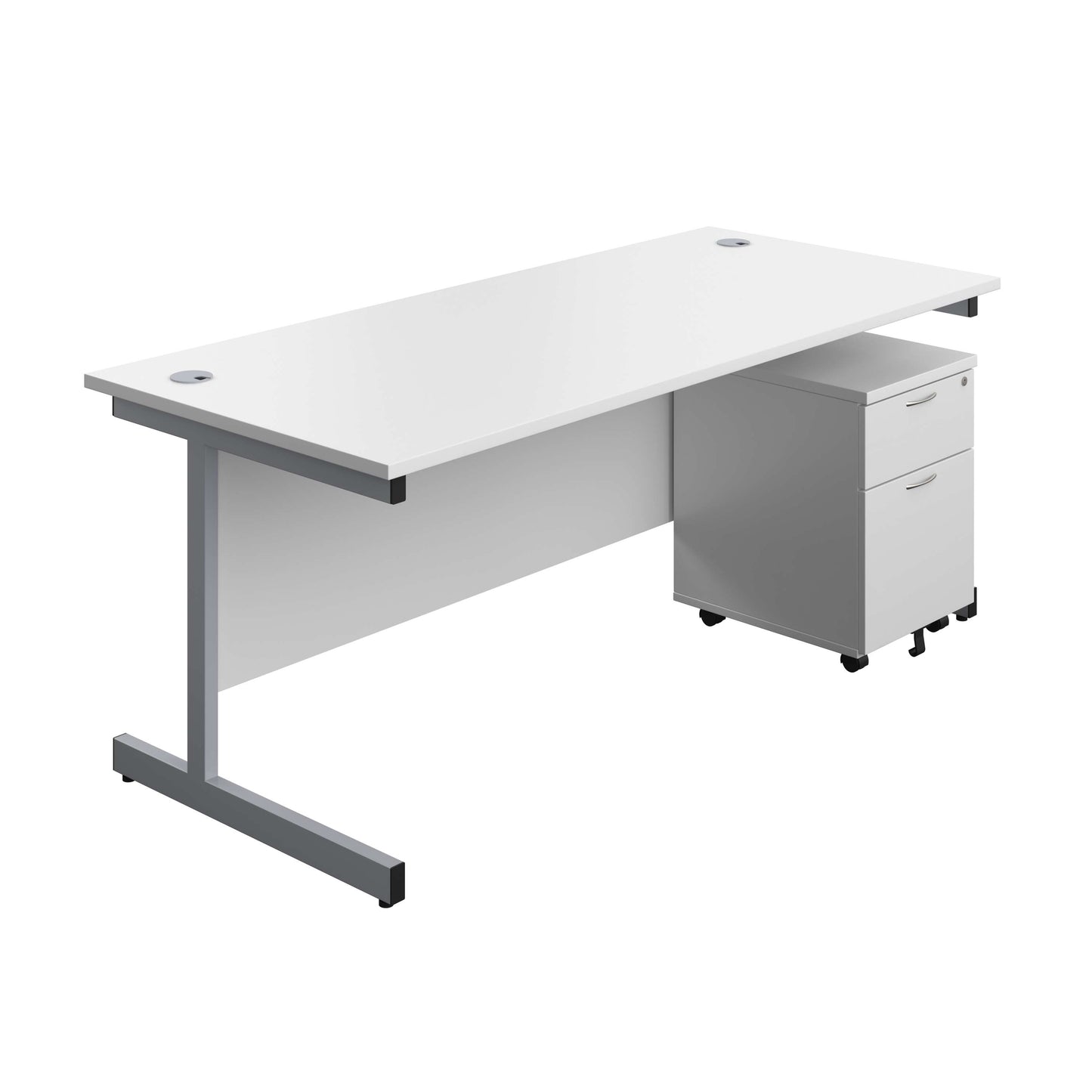 Single Upright Rectangular Desk + Mobile 2 Drawer Pedestal (FSC) | 1800 X 800 | White/Silver