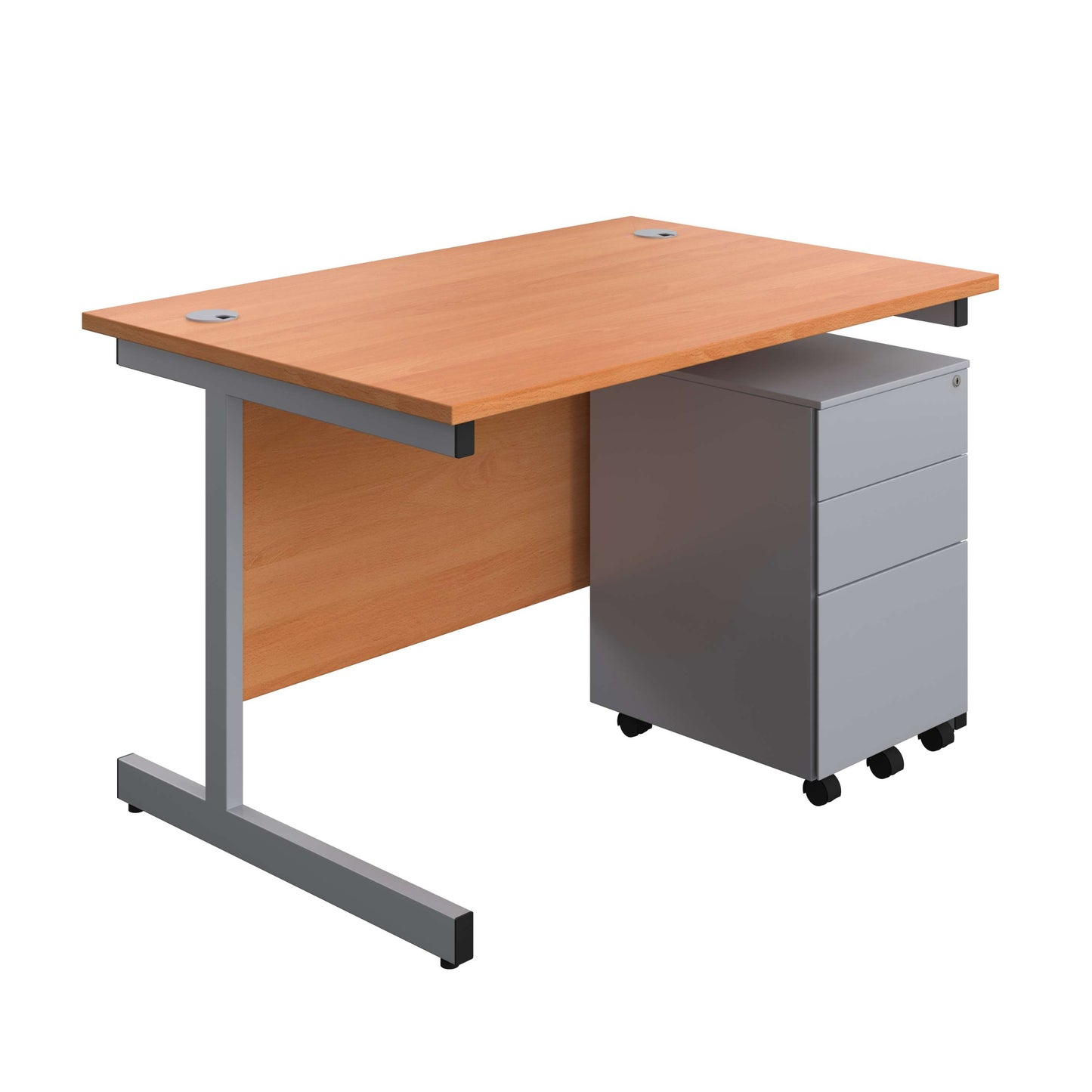 Single Upright Rectangular Desk + Under Desk Steel Pedestal 3 Drawers (FSC) | 1200 X 800 | Beech/Silver