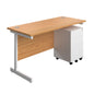 Single Upright Rectangular Desk + Under Desk Steel Pedestal 3 Drawers (FSC) | 1400 X 600 | Nova Oak/White