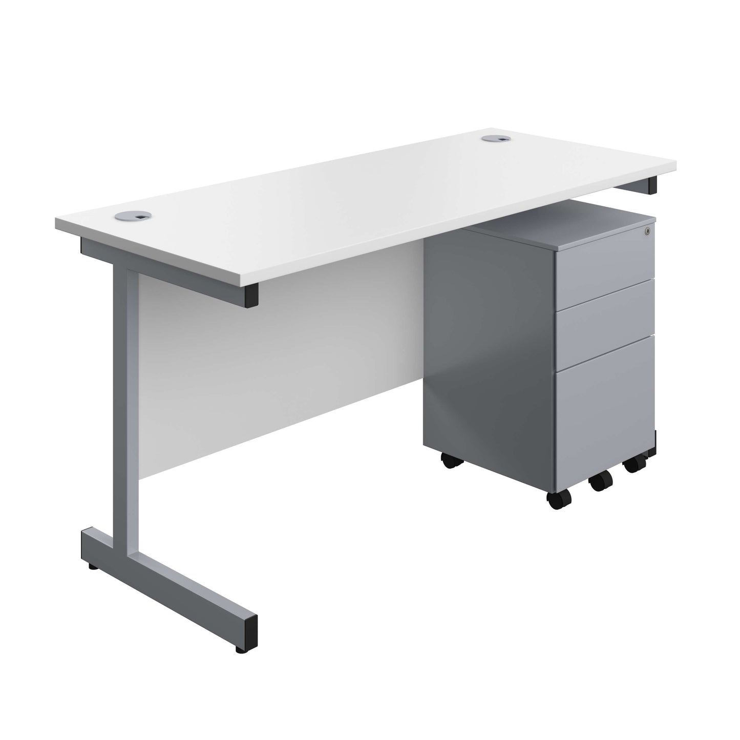 Single Upright Rectangular Desk + Under Desk Steel Pedestal 3 Drawers (FSC) | 1400 X 600 | White/Silver