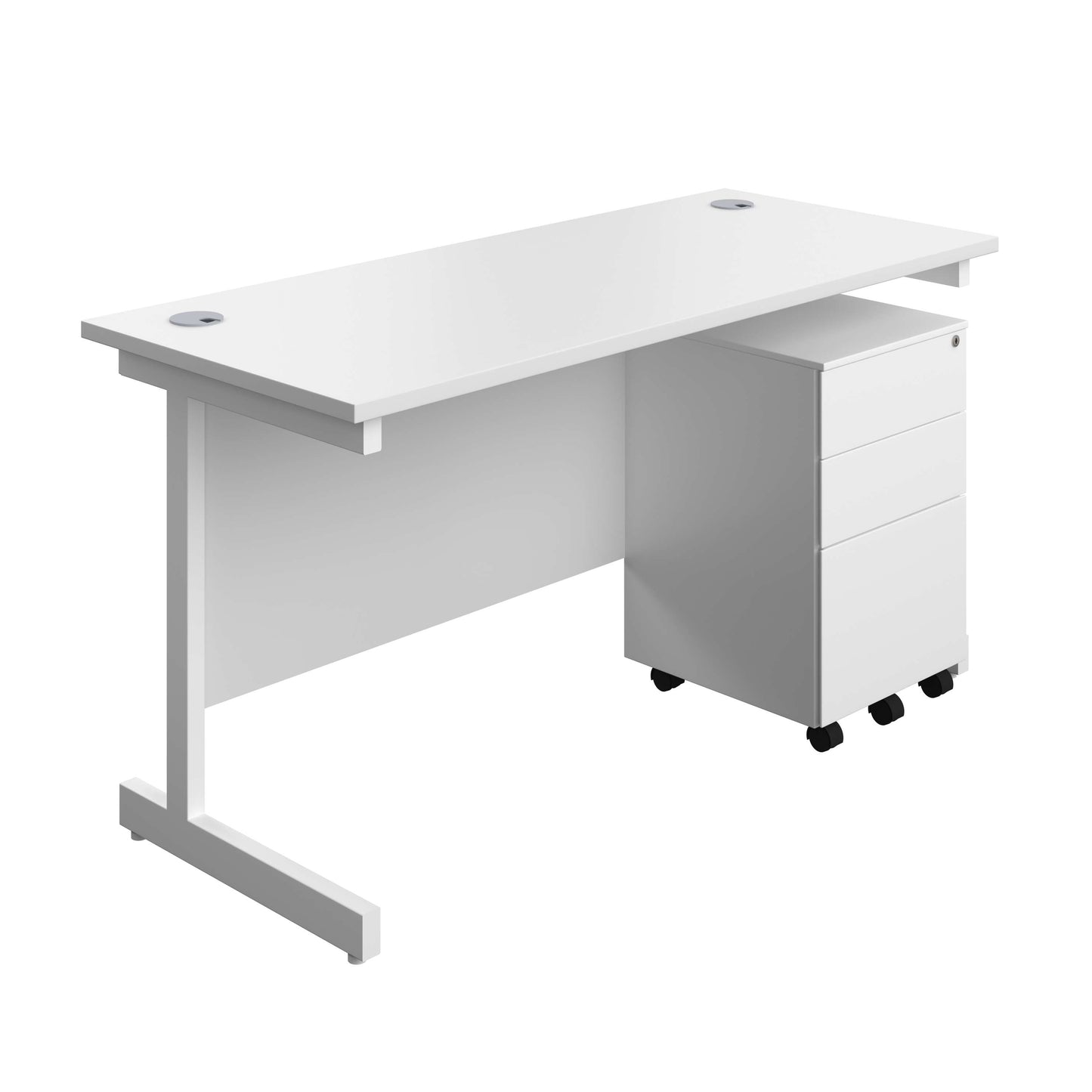 Single Upright Rectangular Desk + Under Desk Steel Pedestal 3 Drawers (FSC) | 1400 X 600 | White/White