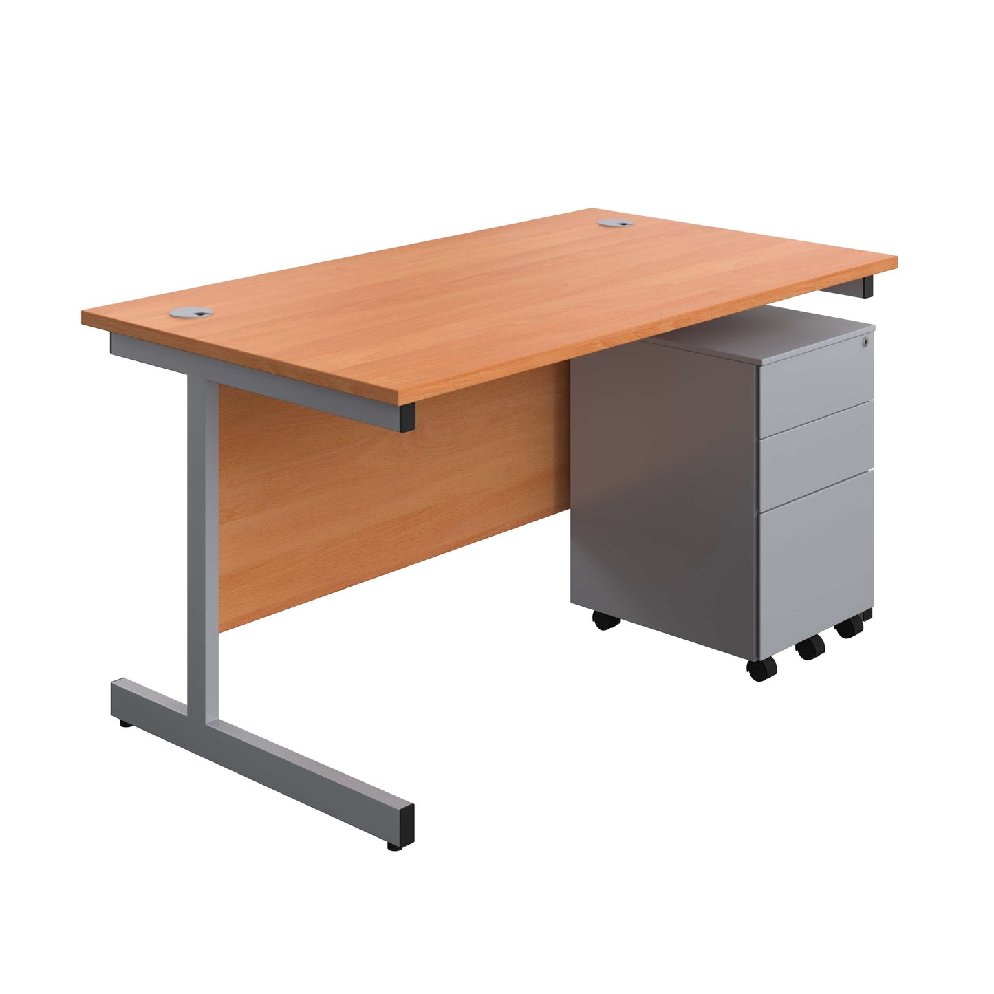 Single Upright Rectangular Desk + Under Desk Steel Pedestal 3 Drawers (FSC) | 1400 X 800 | Beech/Silver