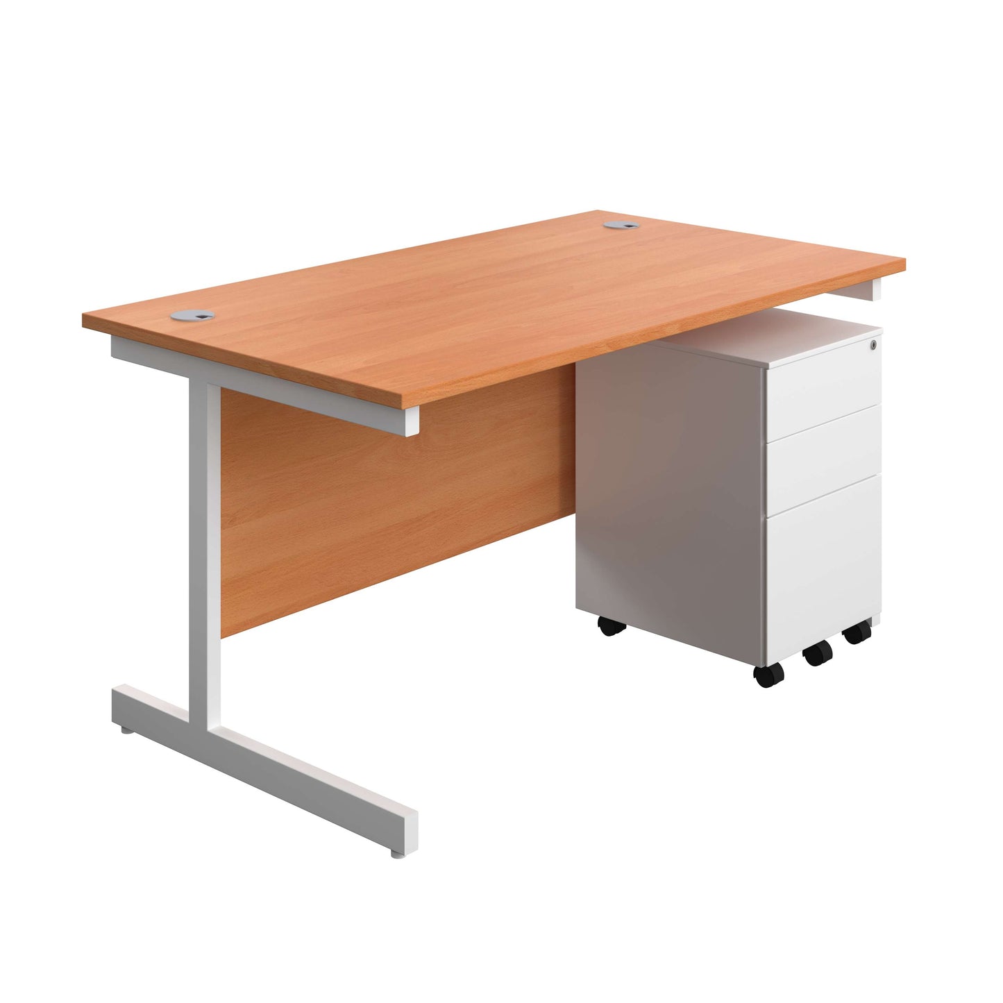 Single Upright Rectangular Desk + Under Desk Steel Pedestal 3 Drawers (FSC) | 1400 X 800 | Beech/White