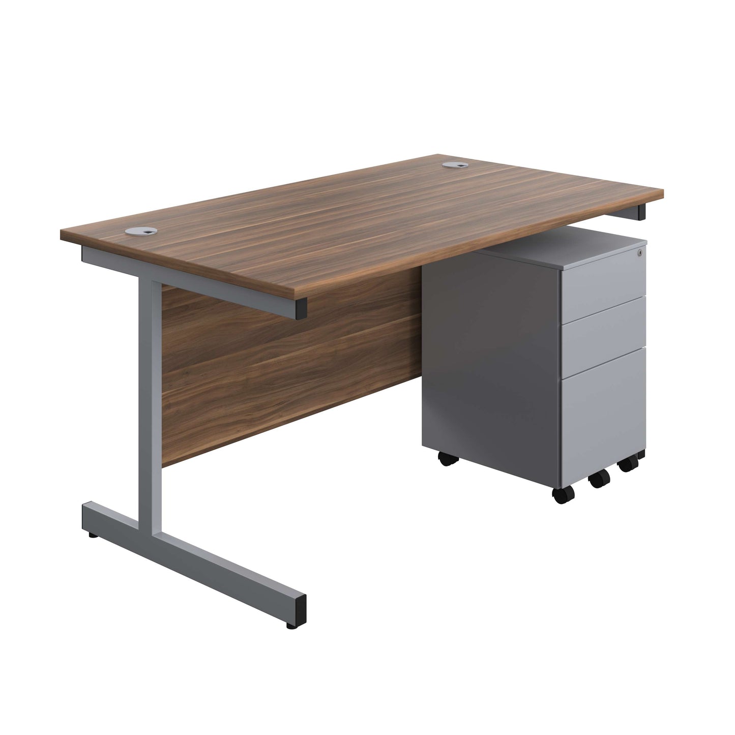 Single Upright Rectangular Desk + Under Desk Steel Pedestal 3 Drawers (FSC) | 1400 X 800 | Dark Walnut/Silver