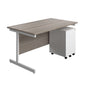 Single Upright Rectangular Desk + Under Desk Steel Pedestal 3 Drawers (FSC) | 1400 X 800 | Grey Oak/White