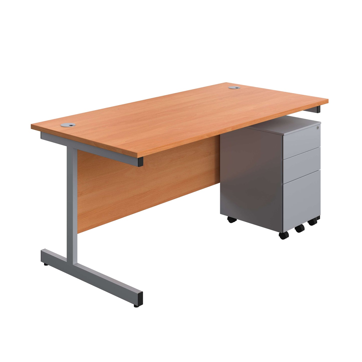 Single Upright Rectangular Desk + Under Desk Steel Pedestal 3 Drawers (FSC) | 1600 X 800 | Beech/Silver