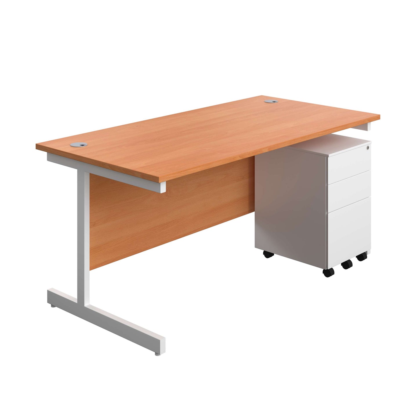 Single Upright Rectangular Desk + Under Desk Steel Pedestal 3 Drawers (FSC) | 1600 X 800 | Beech/White