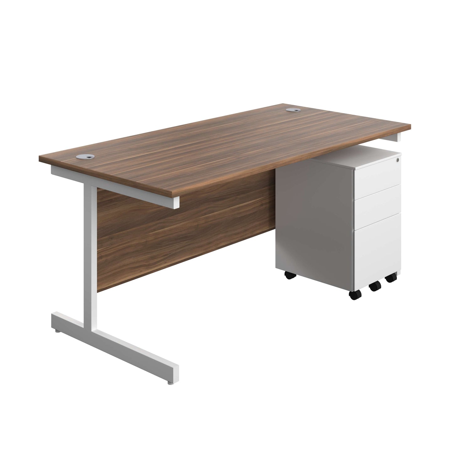 Single Upright Rectangular Desk + Under Desk Steel Pedestal 3 Drawers (FSC) | 1600 X 800 | Dark Walnut/White