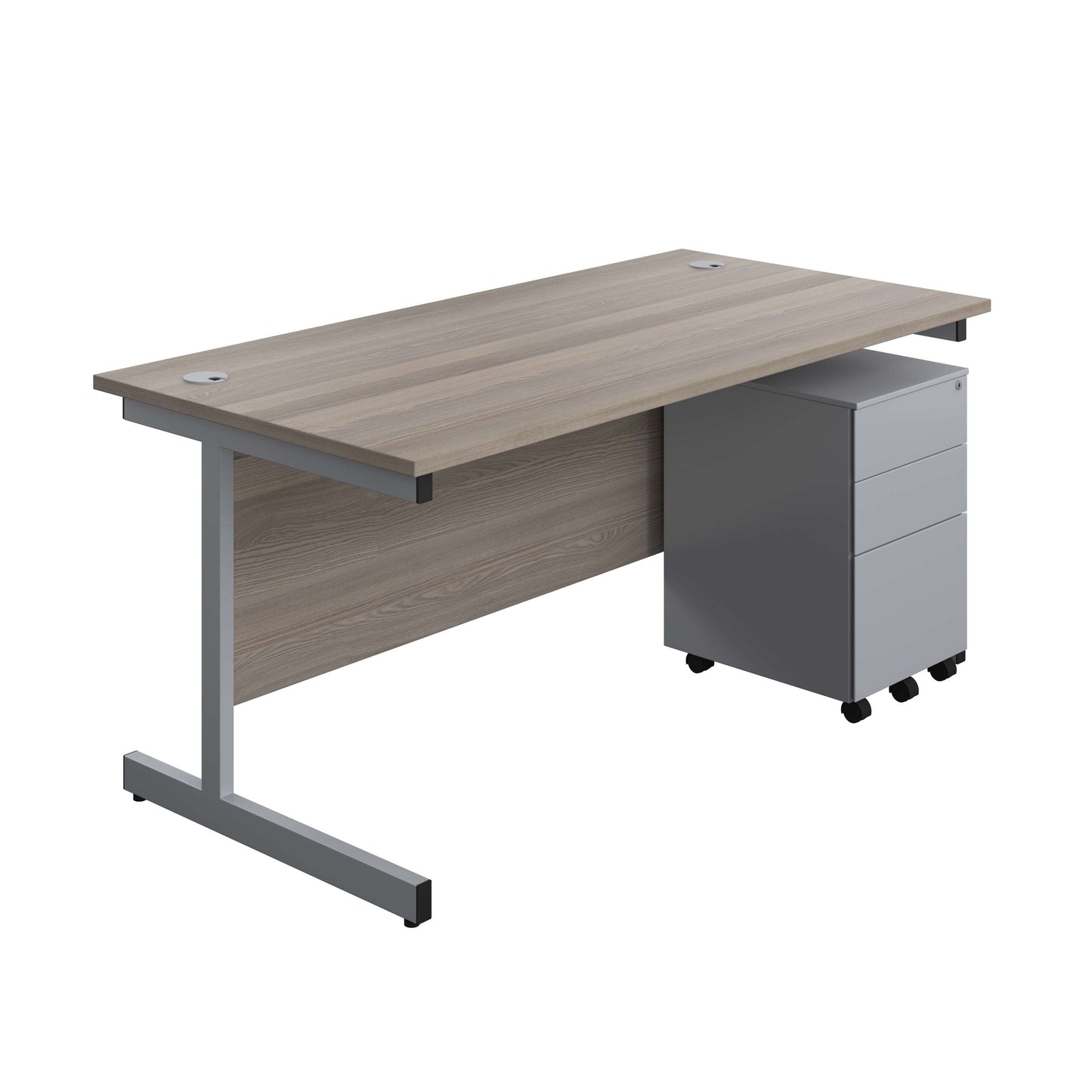 Single Upright Rectangular Desk + Under Desk Steel Pedestal 3 Drawers (FSC) | 1600 X 800 | Grey Oak/Silver