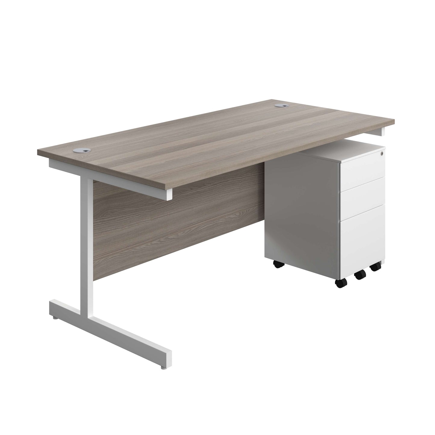 Single Upright Rectangular Desk + Under Desk Steel Pedestal 3 Drawers (FSC) | 1600 X 800 | Grey Oak/White