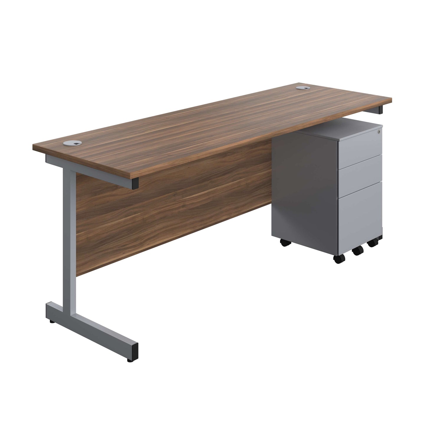 Single Upright Rectangular Desk + Under Desk Steel Pedestal 3 Drawers (FSC) | 1800 X 600 | Dark Walnut/Silver